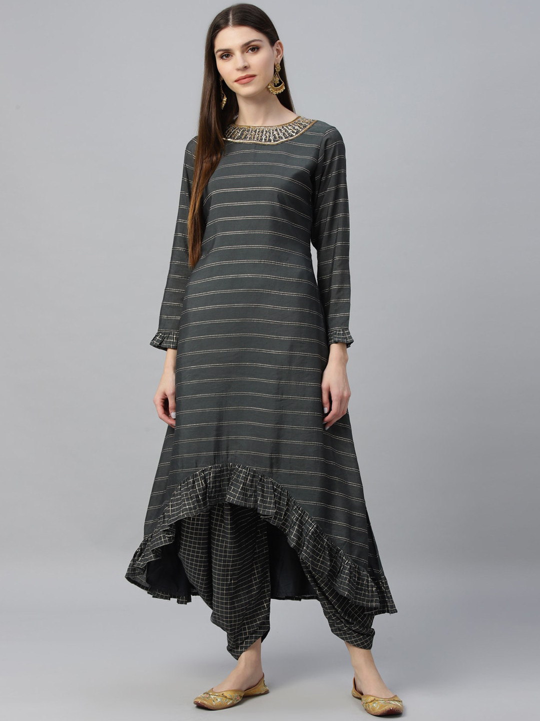 

Libas Women Grey Striped Kurta with Dhoti Pants