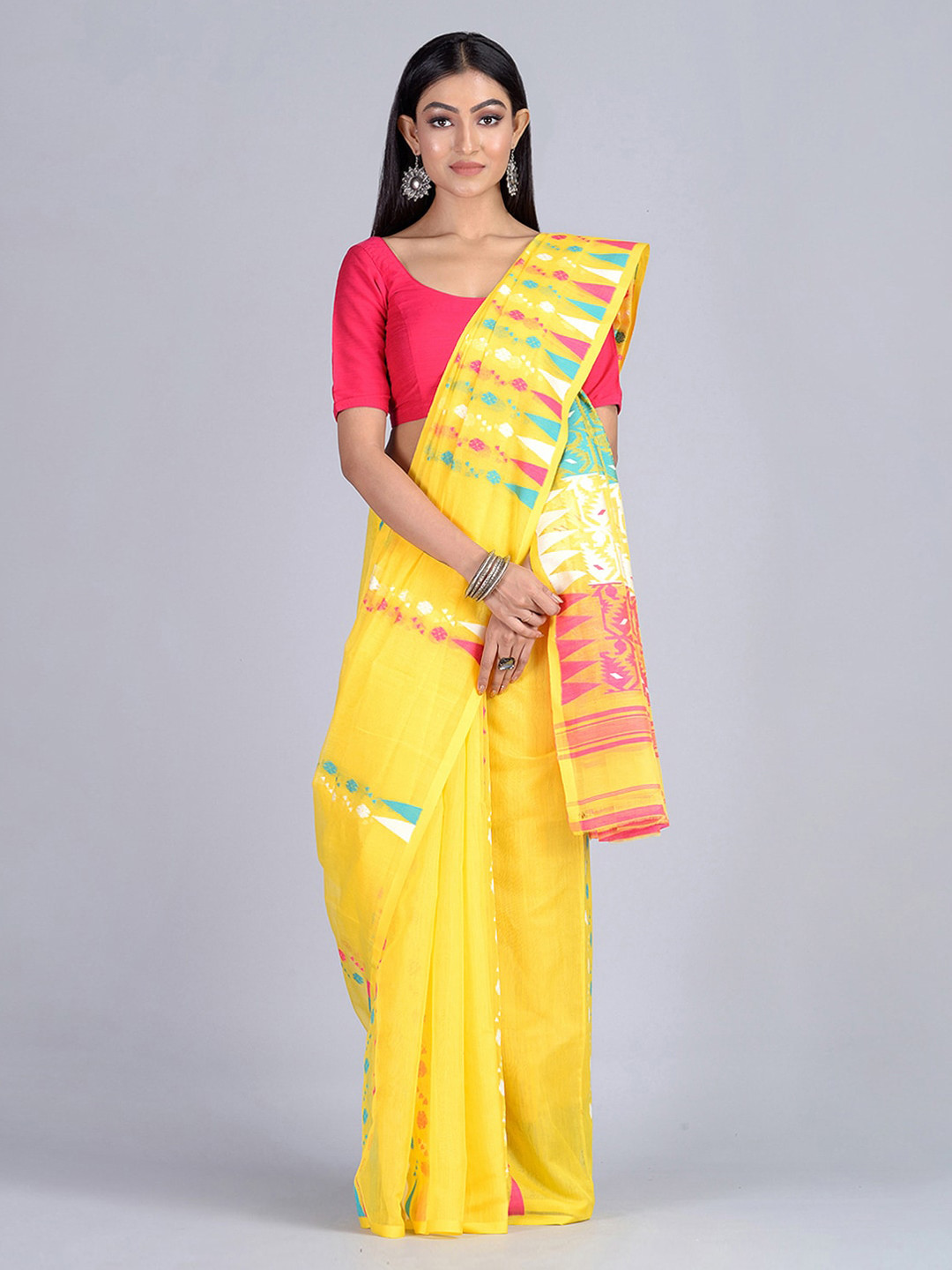 

Mitera Yellow & Pink Silk Cotton Woven Design Jamdani Handloom Saree