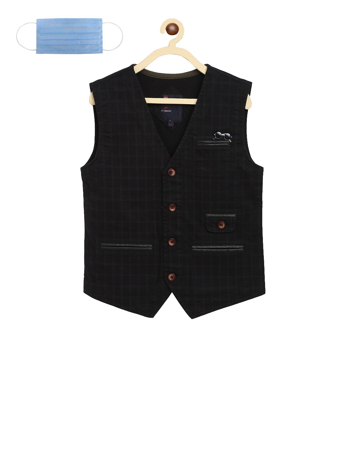 

Lil Tomatoes Boys Black Checked Pure Cotton Nehru Jacket With Face Mask