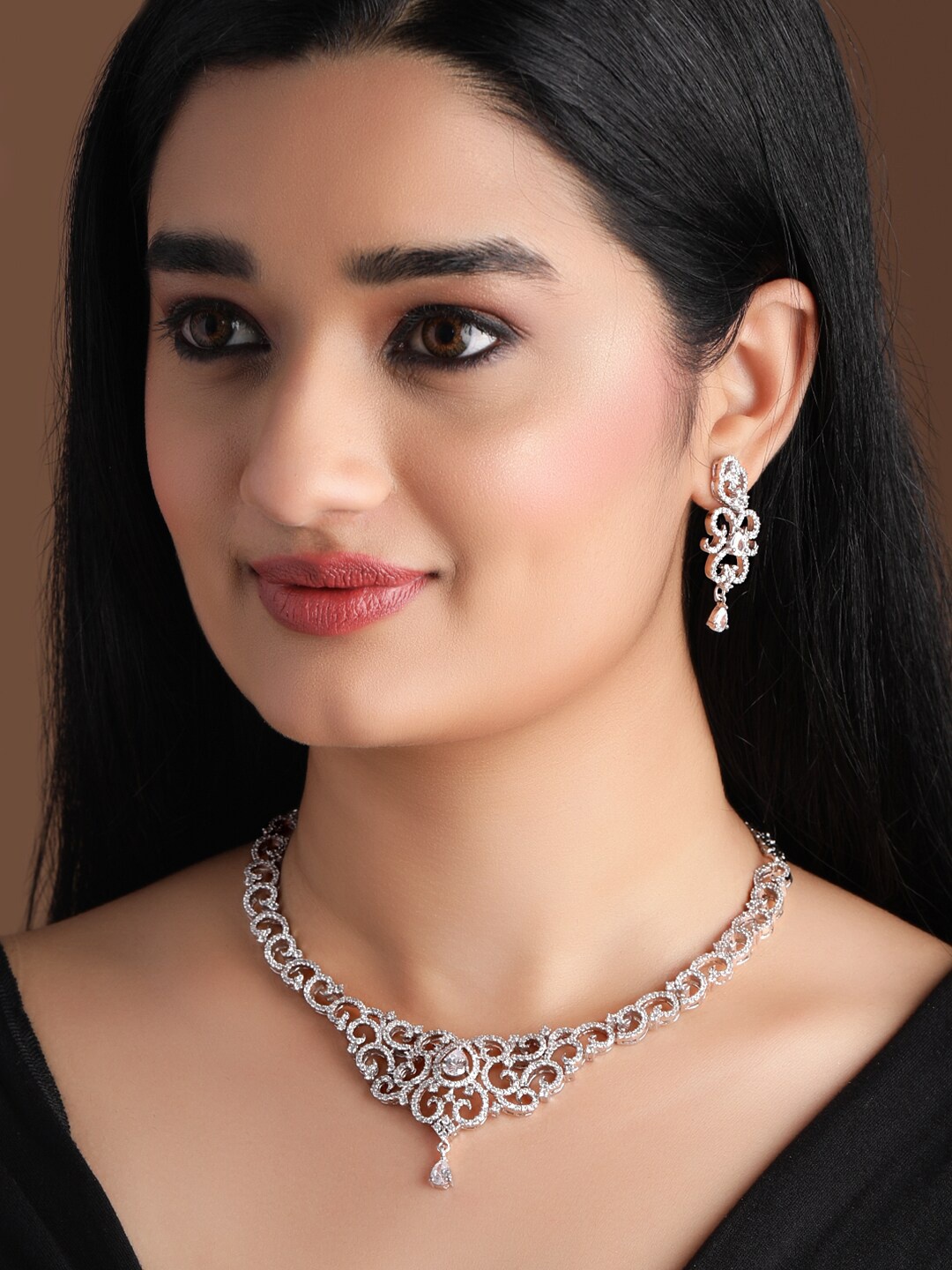 Rubans Silver-Plated Handcrafted Zircon Stone-Studded Jewellery Set