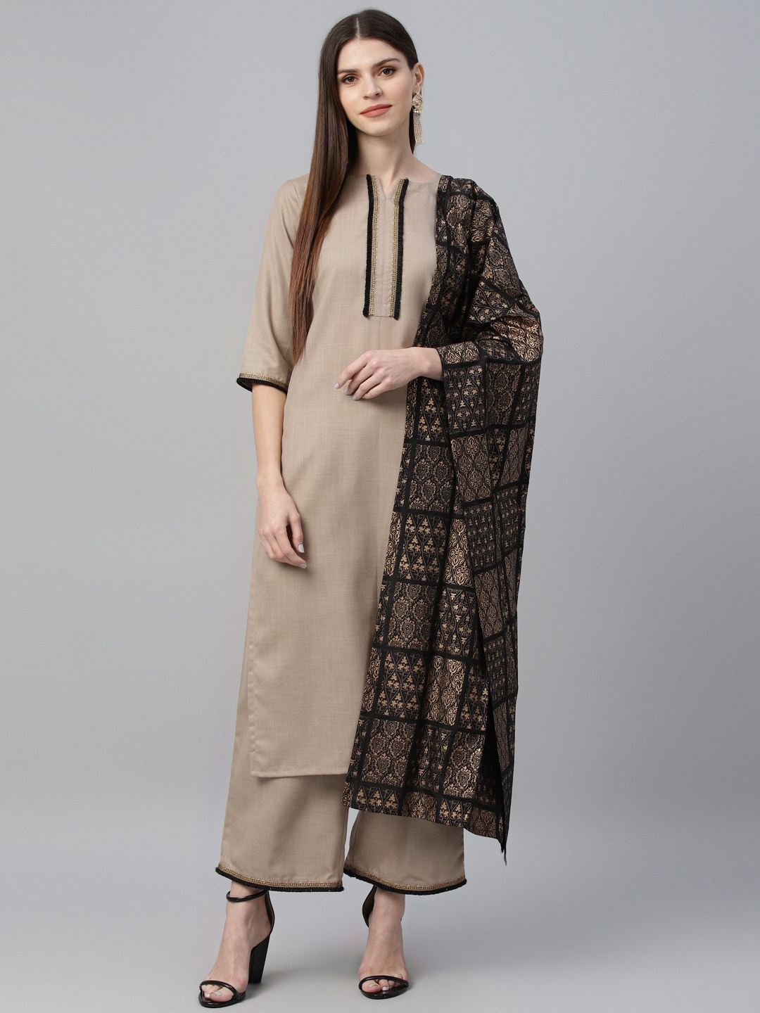 

Libas Women Beige Yoke Design Kurta with Palazzos & Dupatta