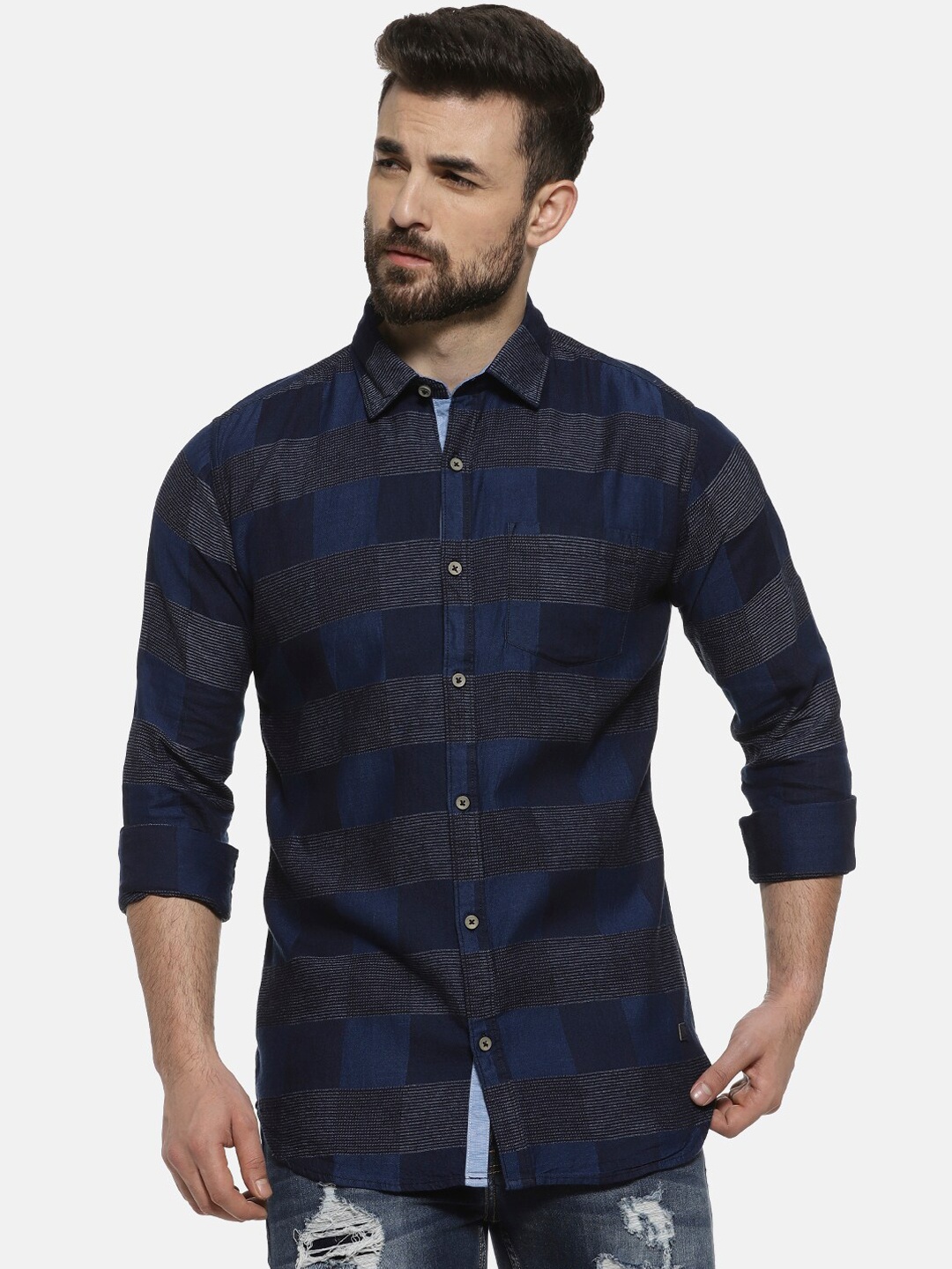 Campus Sutra Men Blue & Grey Regular Fit Checked Casual Shirt