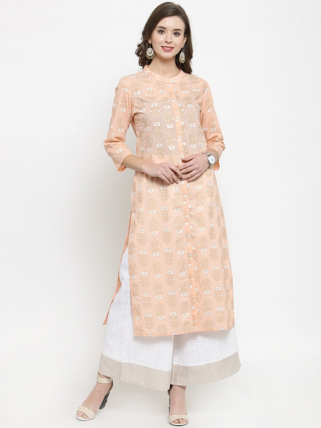 

KSUT Women Peach-Coloured & White Floral Print Kurta with Palazzos