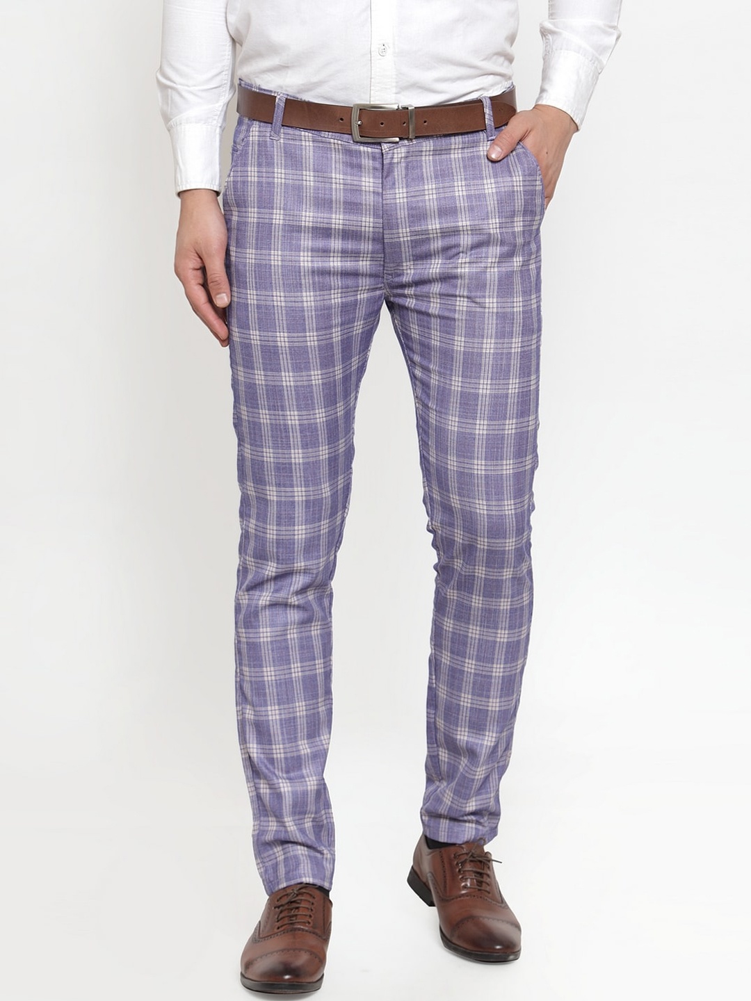 

JAINISH Men Blue & Off-White Smart Slim Fit Checked Formal Trousers