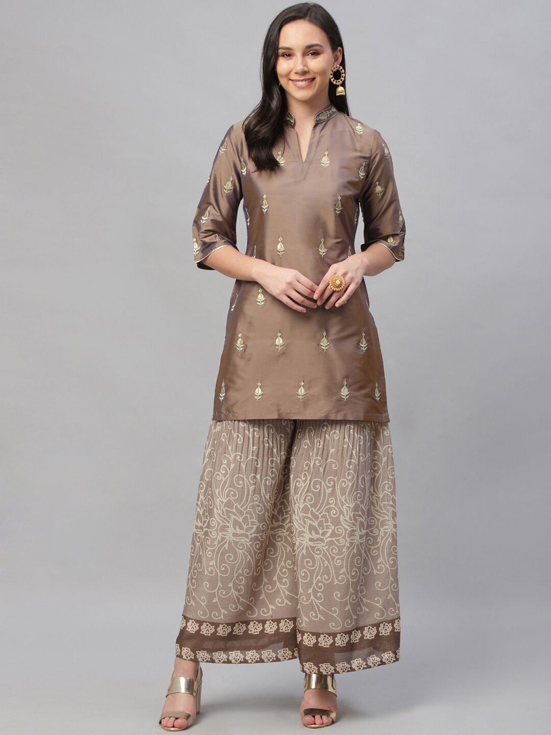 

Libas Women Taupe Embroidered Kurta with Palazzos