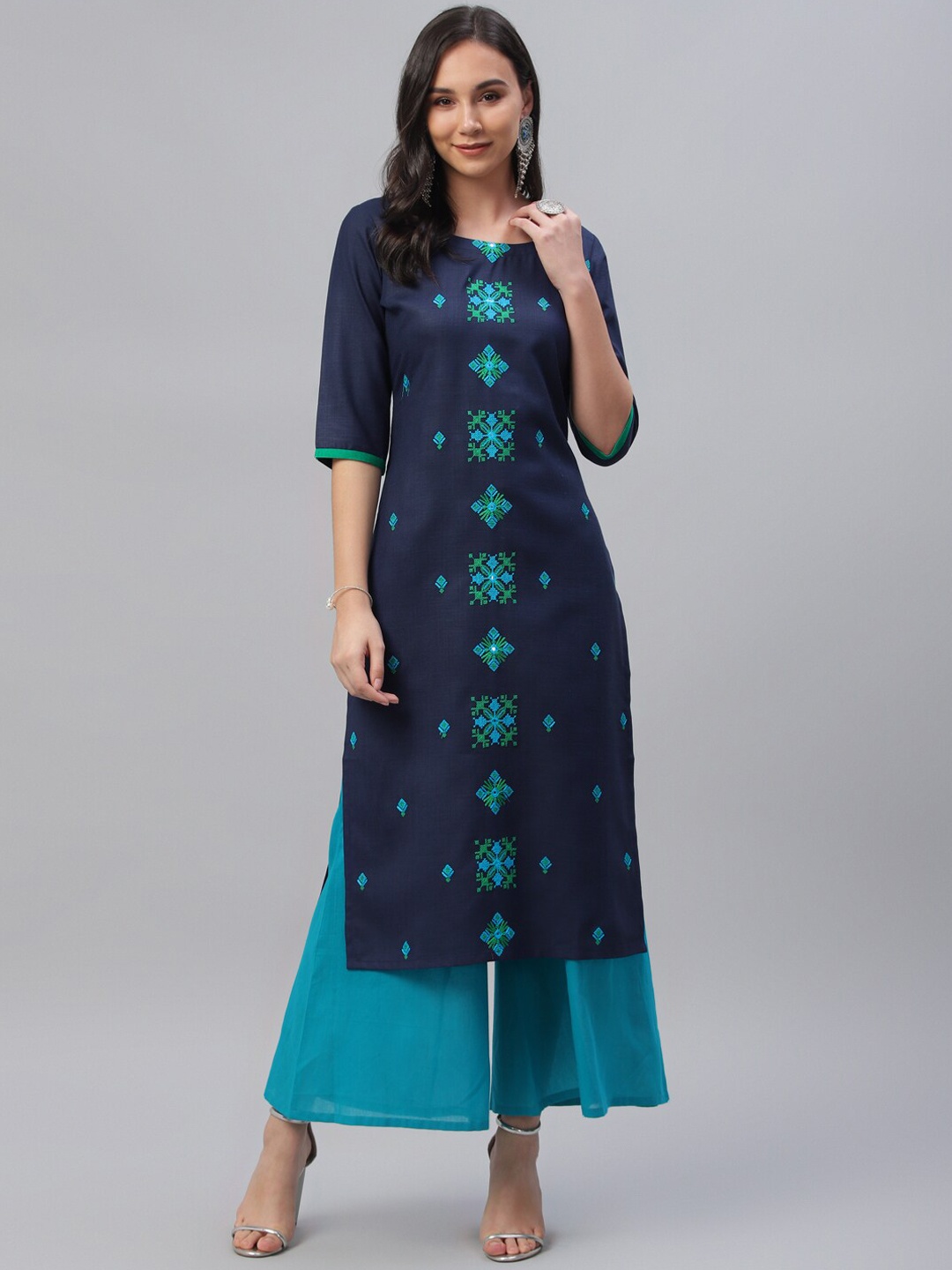 

Libas Women Navy Blue Embroidered Straight Kurta