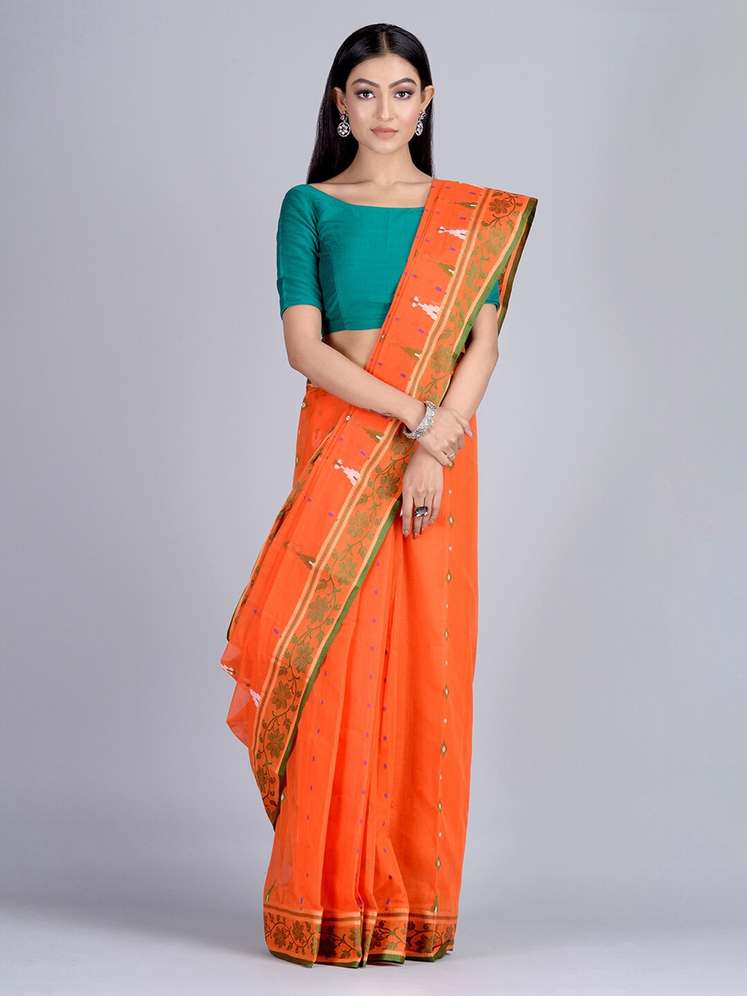 

Mitera Orange & Green Pure Cotton Printed Taant Saree