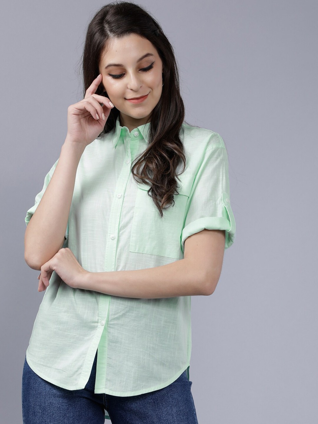 

Tokyo Talkies Women Green Regular Fit Solid Casual Shirt
