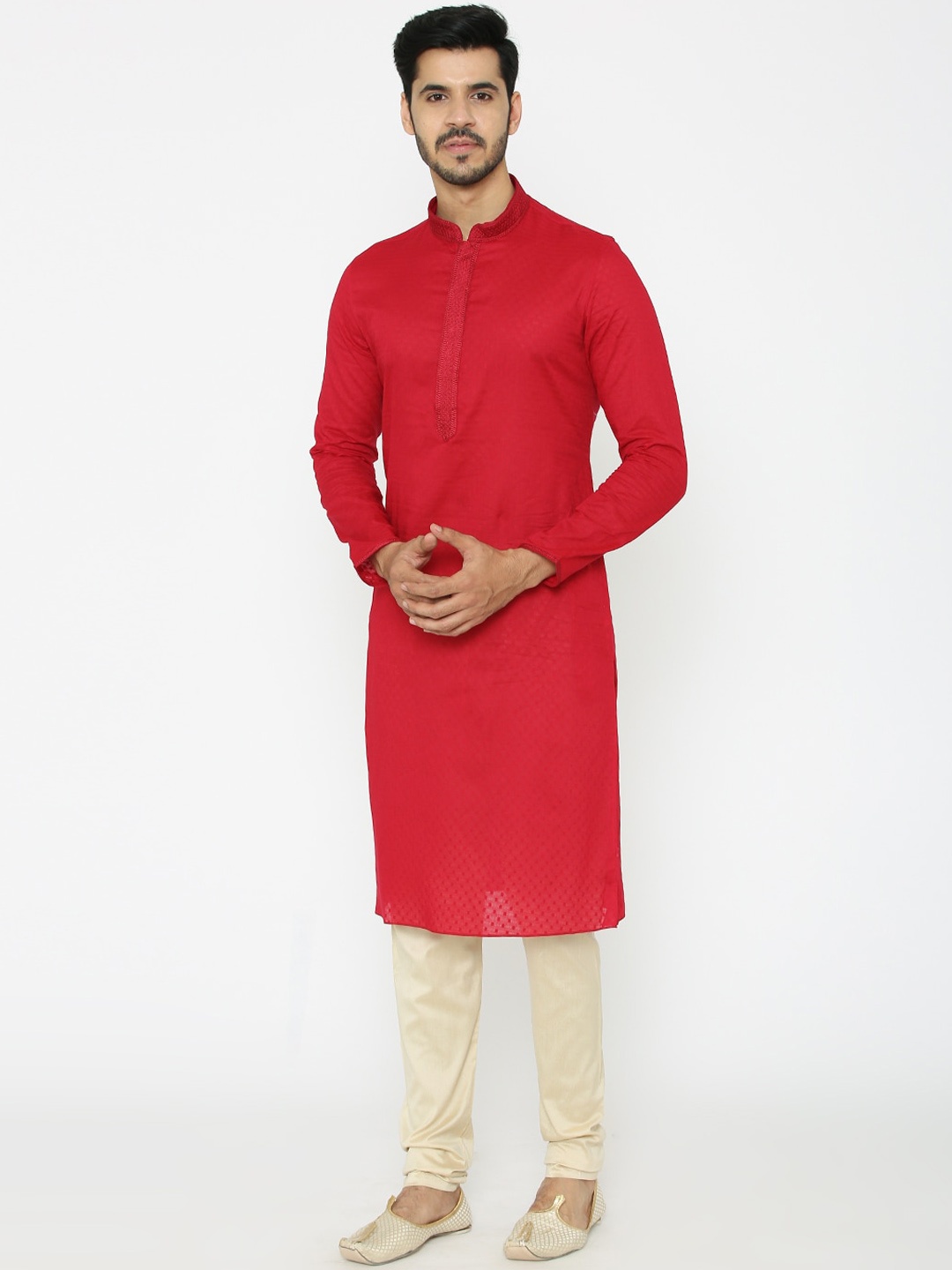 

Manyavar Men Red Woven Design Kurta with Churidar