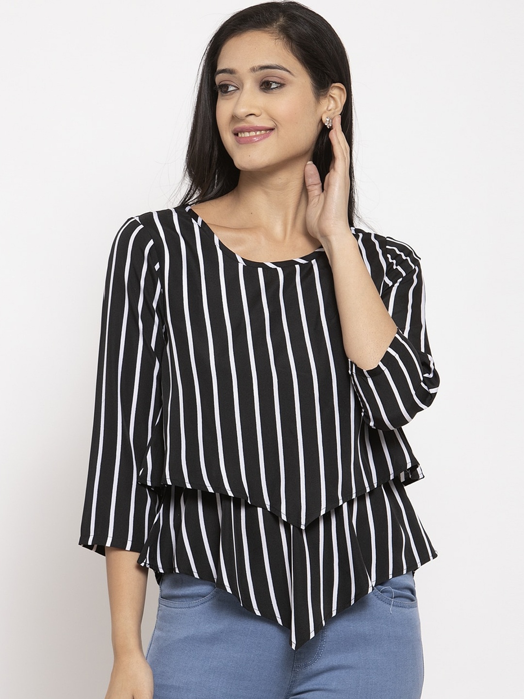 

Karmic Vision Women Black & White Striped A-Line Top