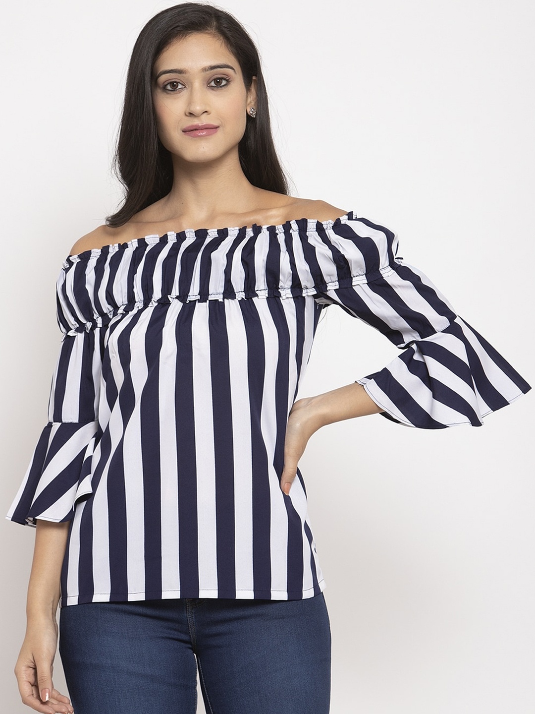 

Karmic Vision Women White & Blue Striped Bardot Top