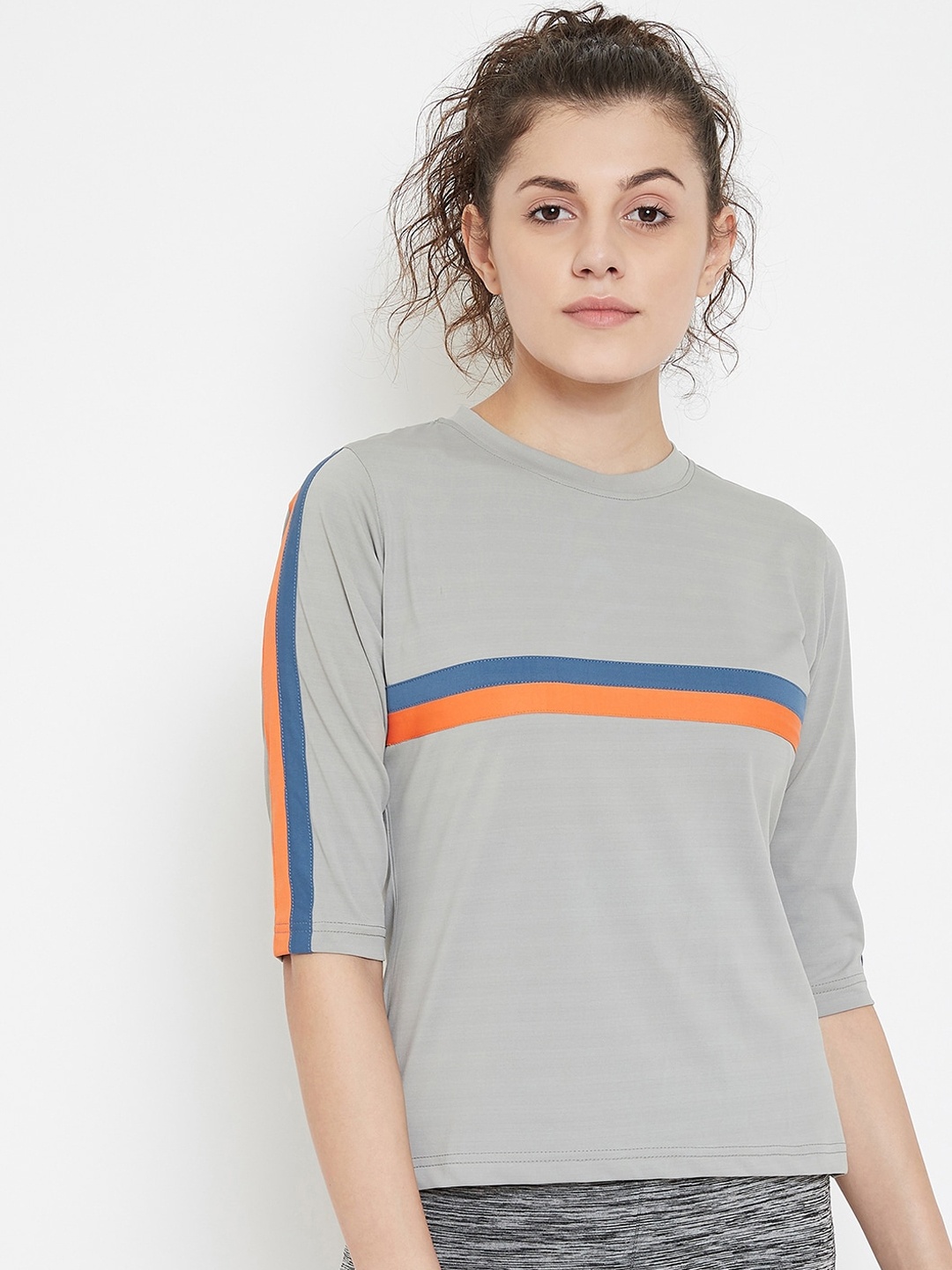 

JUMP USA Women Grey Striped Round Neck T-shirt