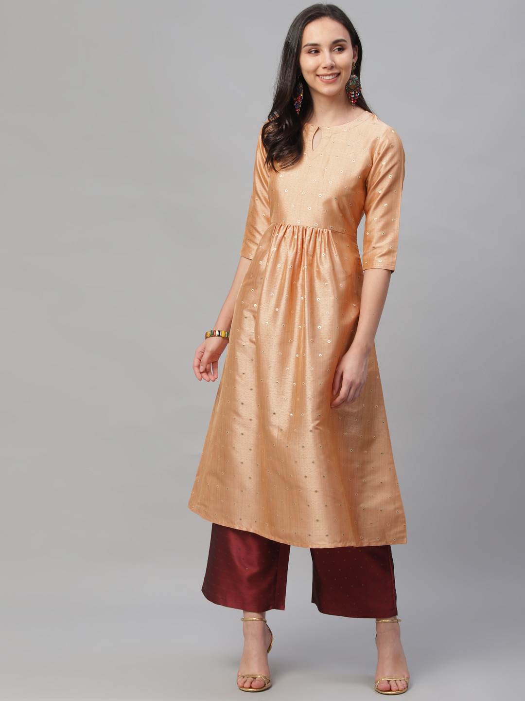 

Libas Women Peach-Coloured & Maroon Self Design Kurta with Palazzos