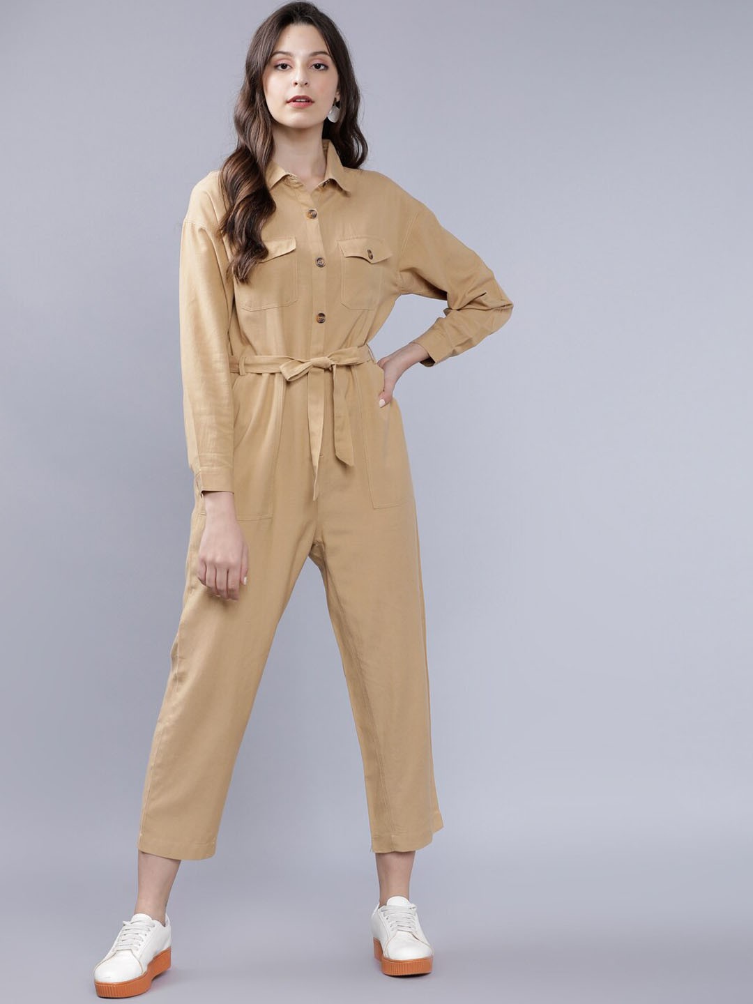 

Tokyo Talkies Women Khaki Solid Basic Jumpsuit with Belt