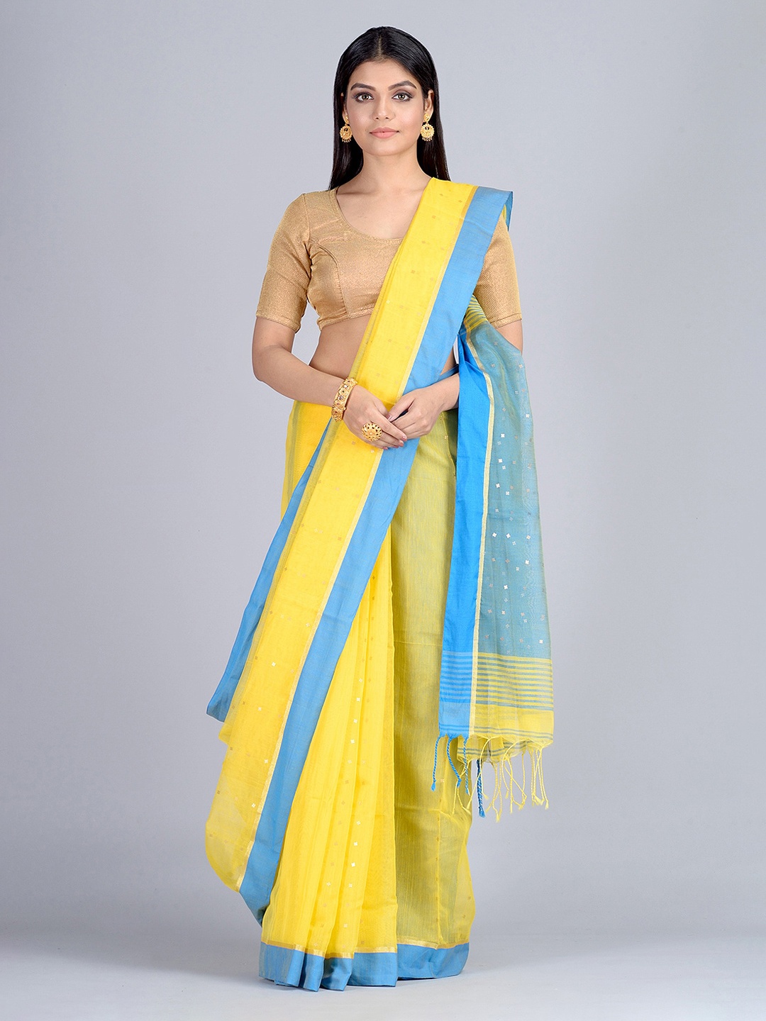 

Mitera Yellow & Blue Silk Cotton Woven Design Taant Handloom Saree