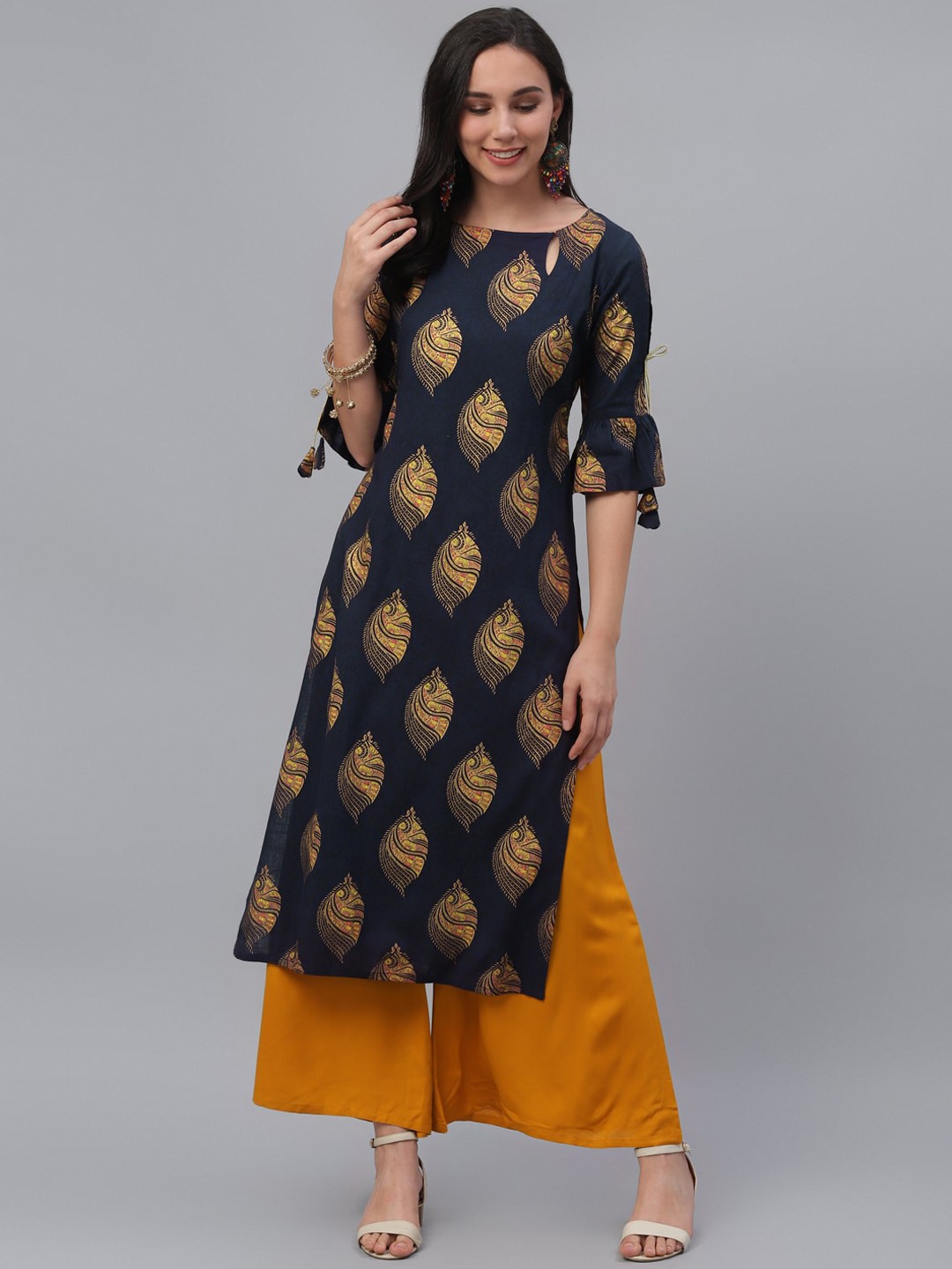 

GERUA Women Blue & Mustard Printed Kurta with Palazzos