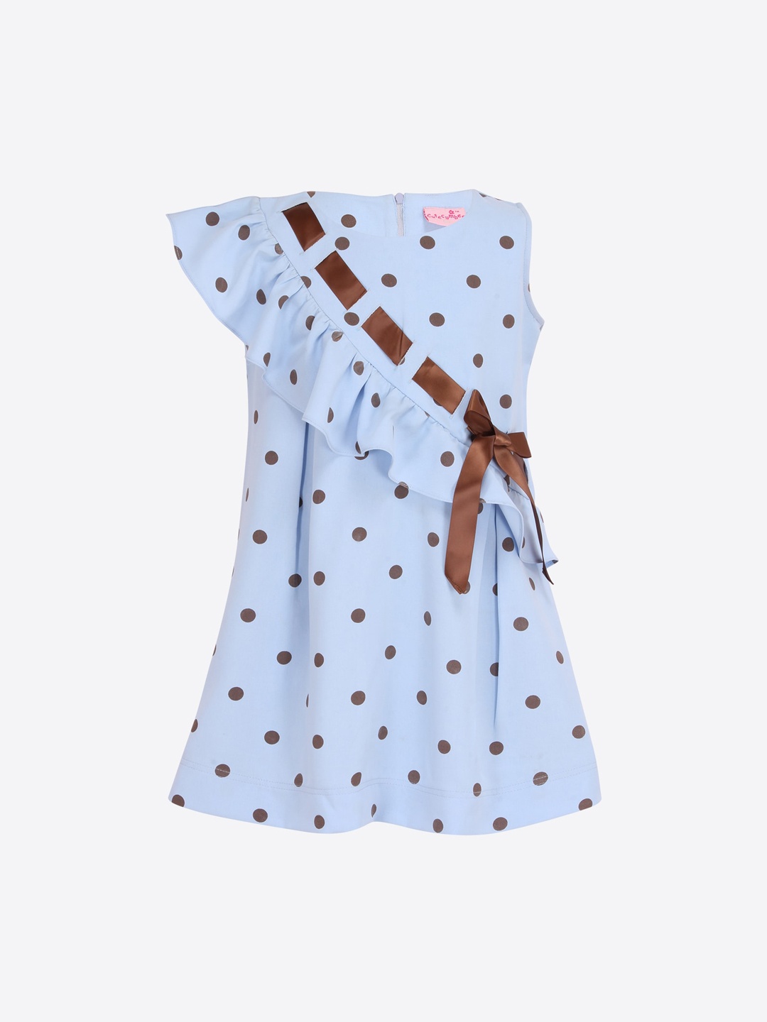

CUTECUMBER Girls Blue & Brown Polka Dot Printed A-Line Dress