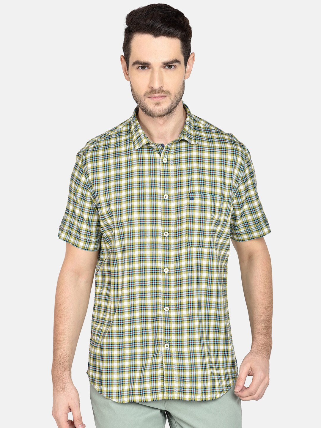Basics Men Green & White Slim Fit Checked Casual Shirt
