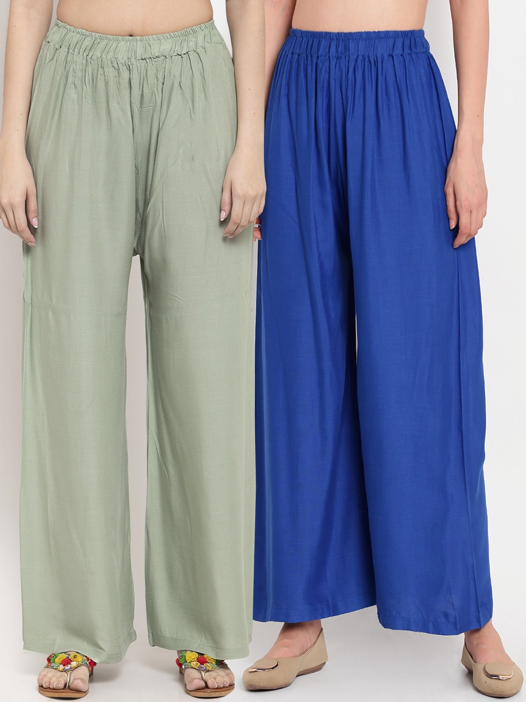 

TAG 7 Women Pack Of 2 Solid Flared Palazzos, Olive