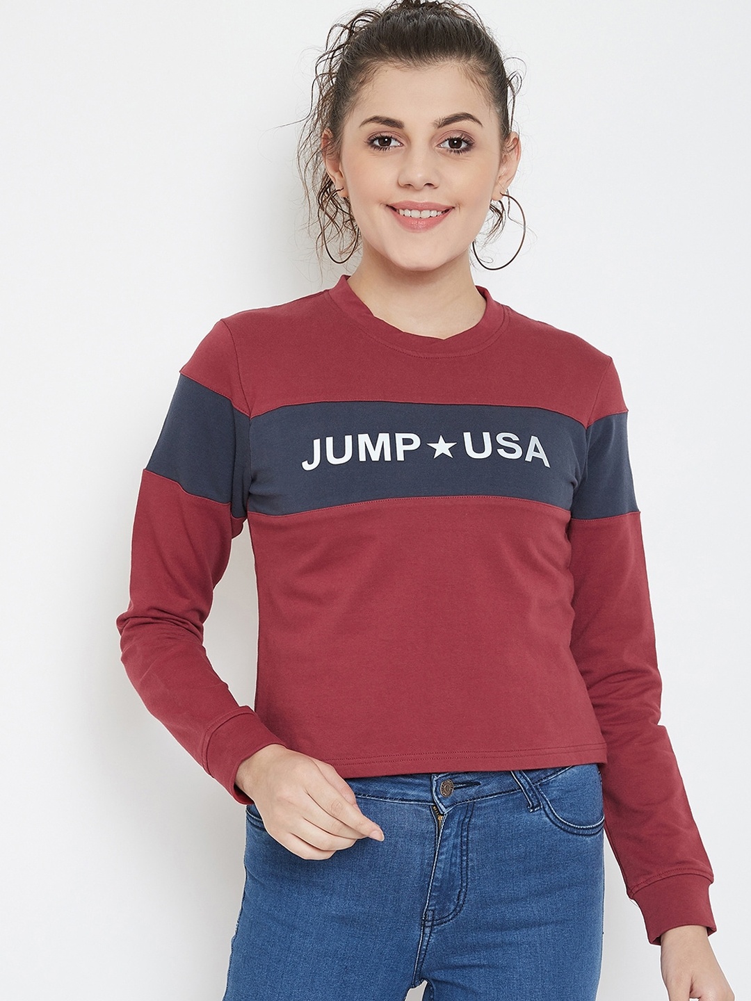 

JUMP USA Women Red & Navy Blue Printed Sweatshirt