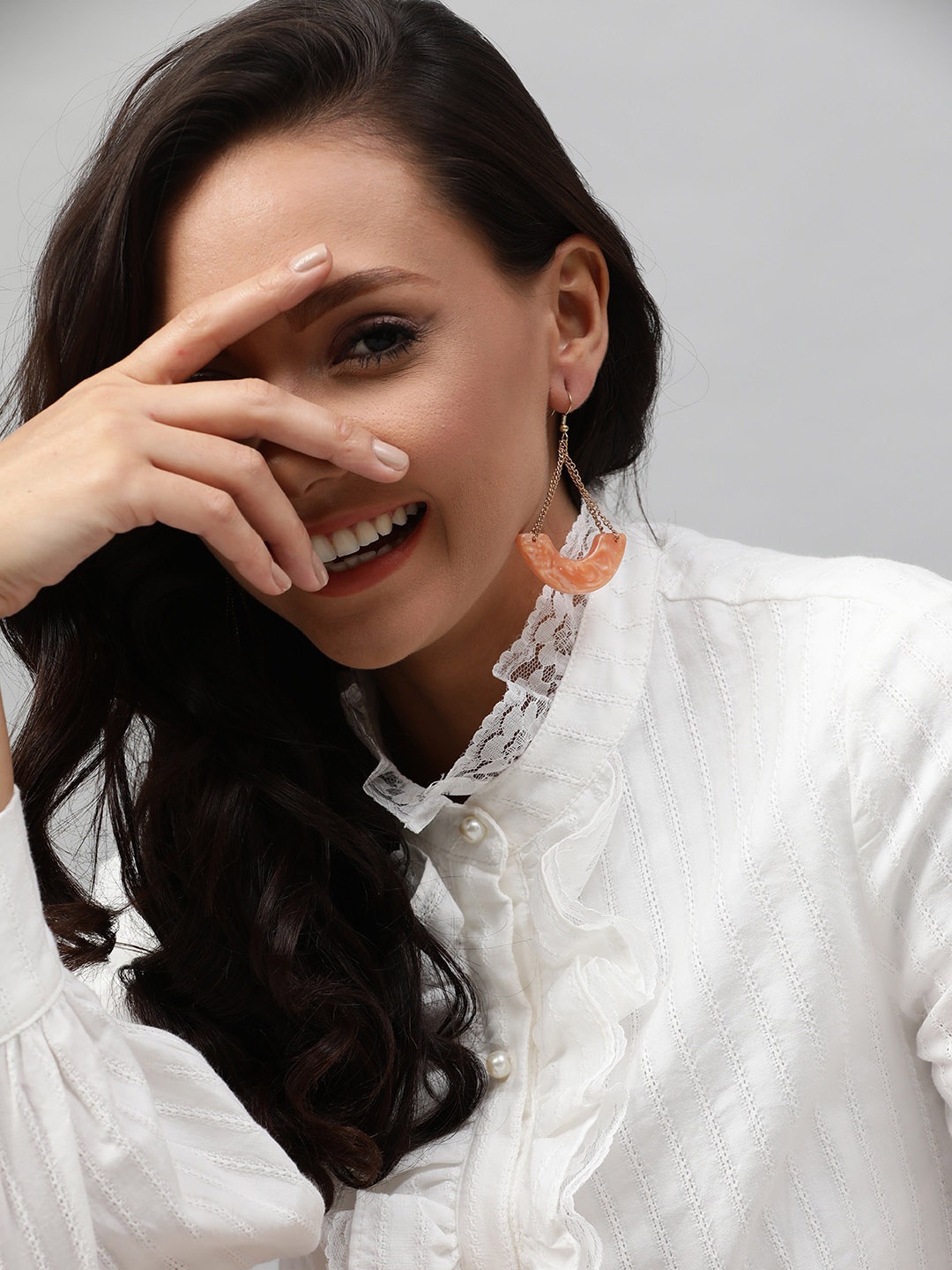 

STREET 9 Peach-Coloured Peacock Shaped Drop Earrings