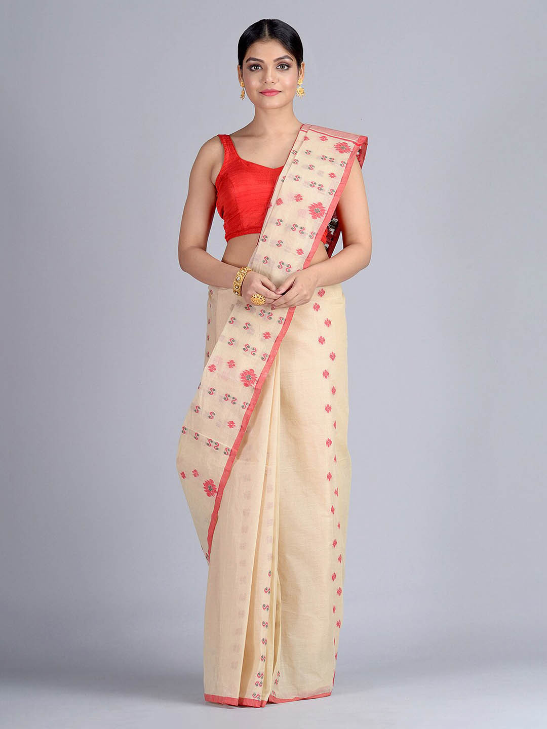 

Mitera Beige & Red Pure Cotton Woven Design Taant Saree