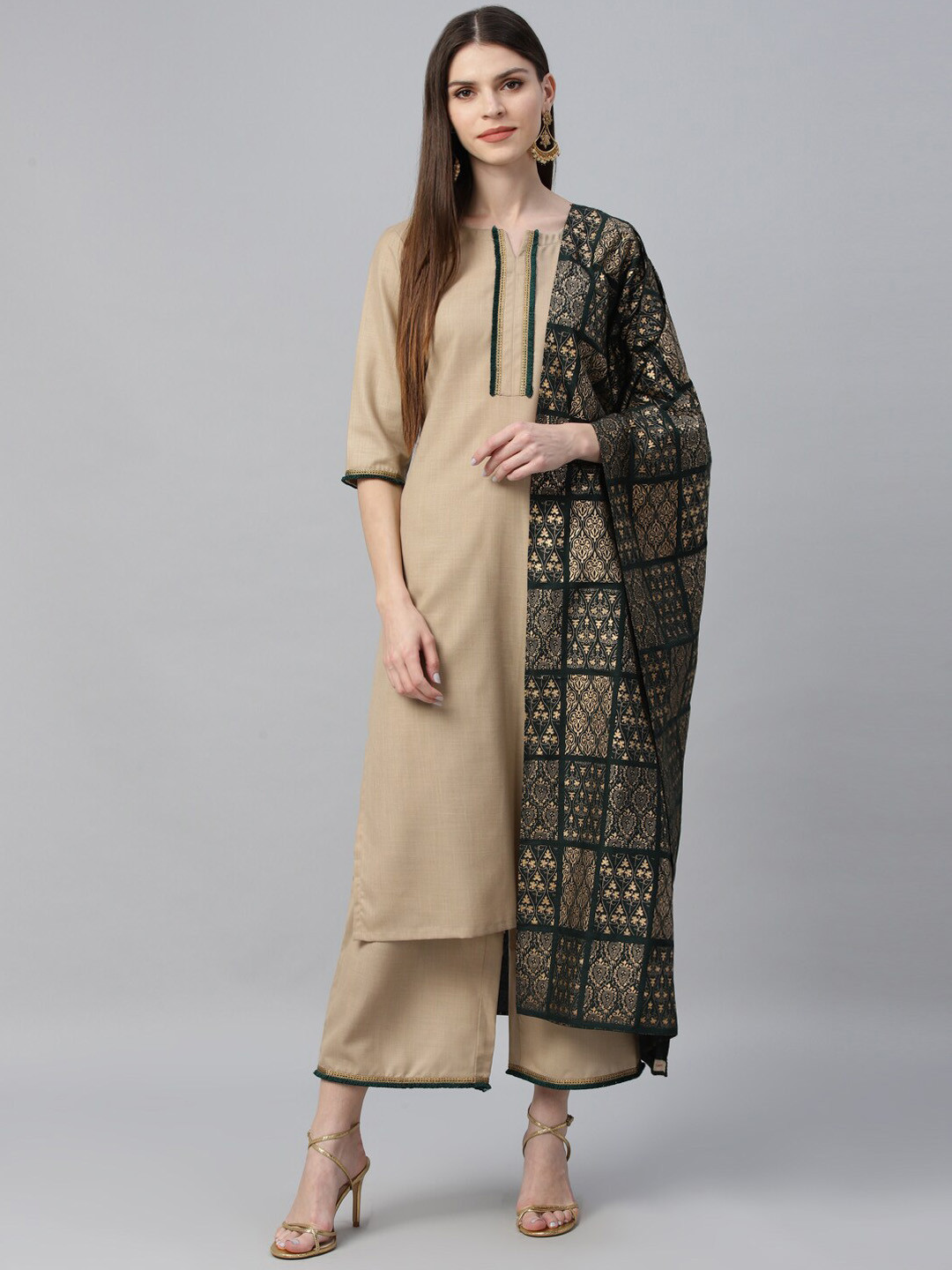 

Libas Women Beige & Black Solid Kurta with Palazzos & Dupatta