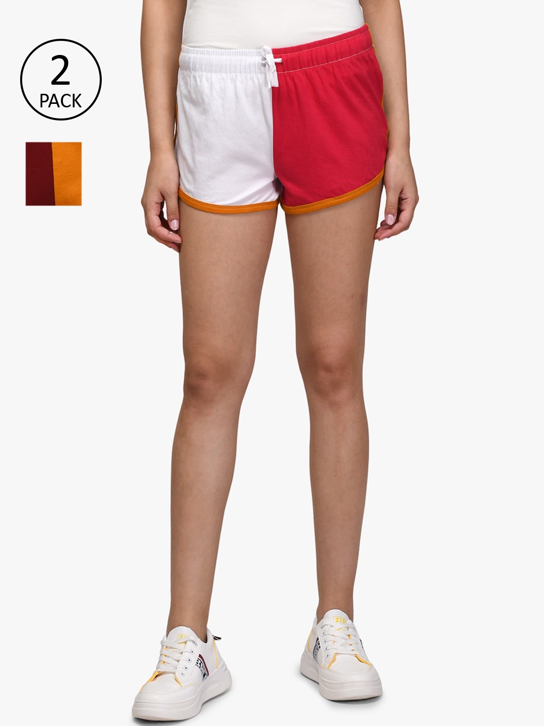 

Kotty Women Pack Of 2 Colourblocked Regular Fit Regular Shorts, Red