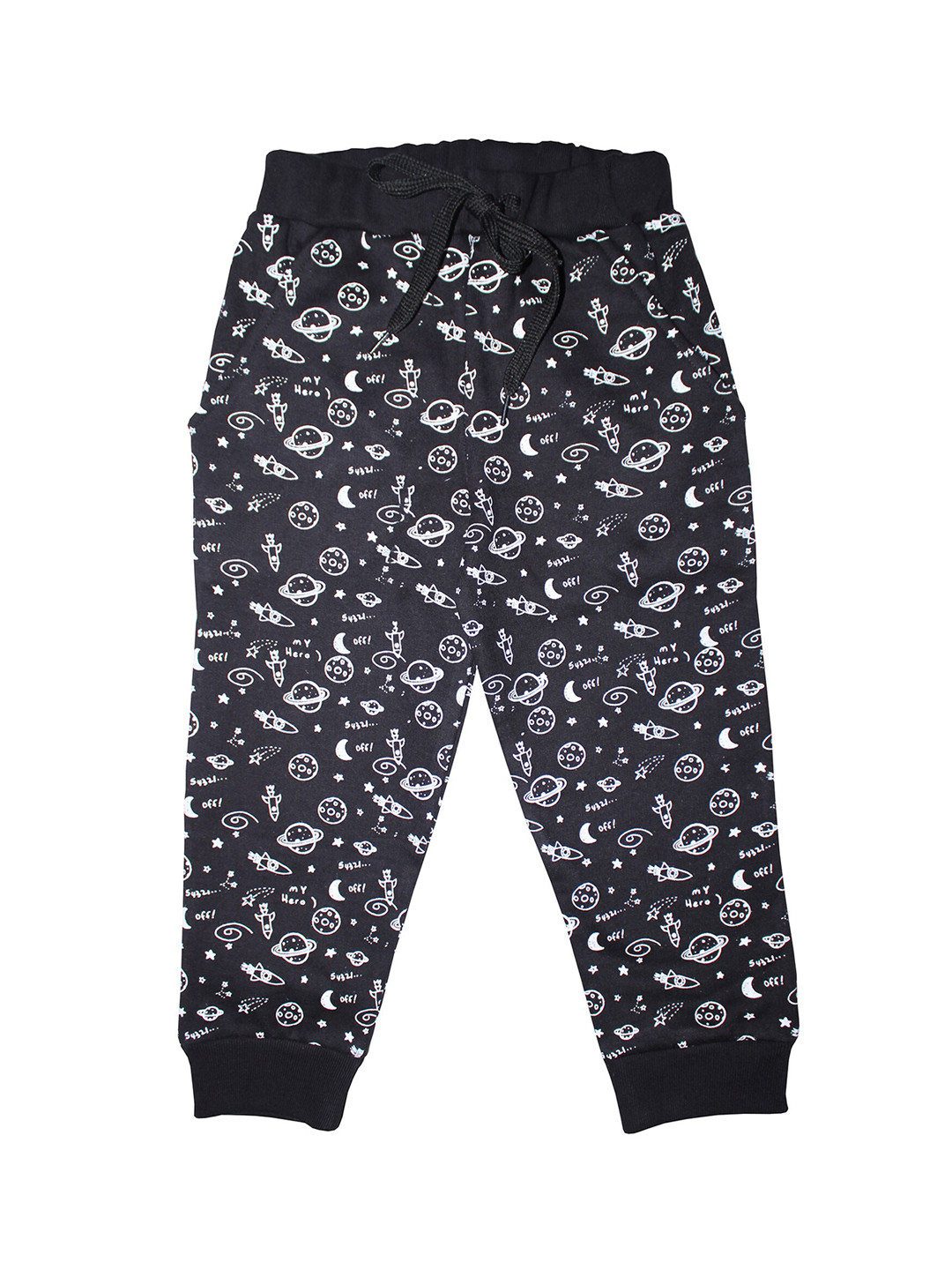 

KiddoPanti Boys Black & White Space AOP Printed Track pants