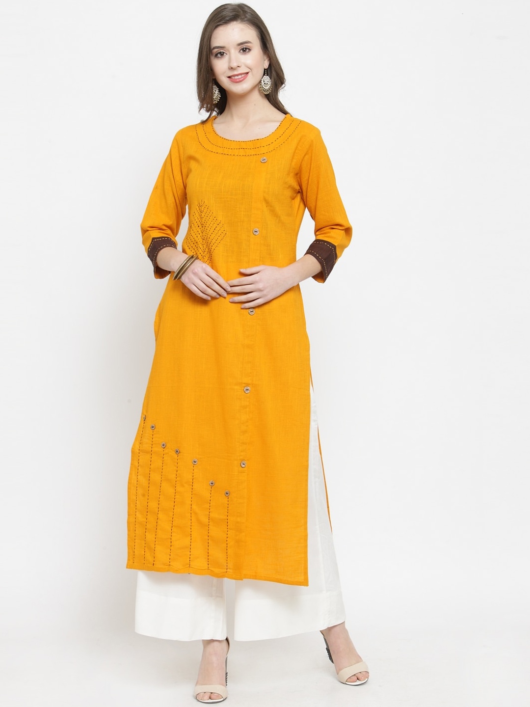 

KSUT Women Mustard Yellow Embroidered Straight Kurta