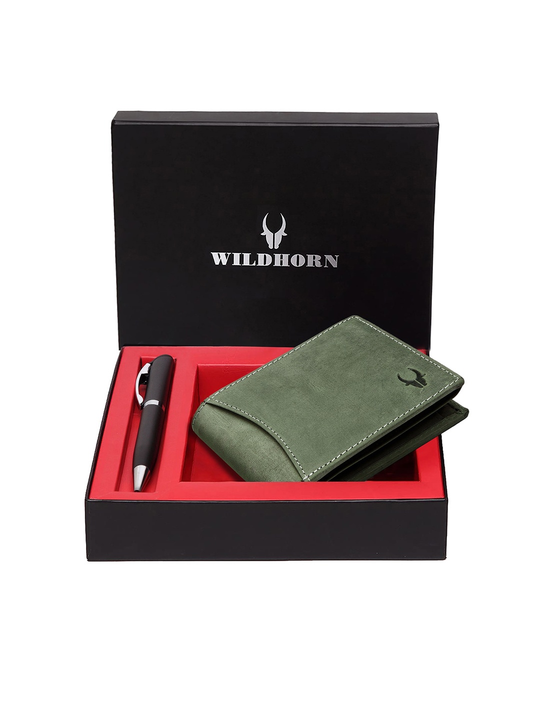 WildHorn Men Green & Black RFID Protected Genuine Leather Accessory Gift Set
