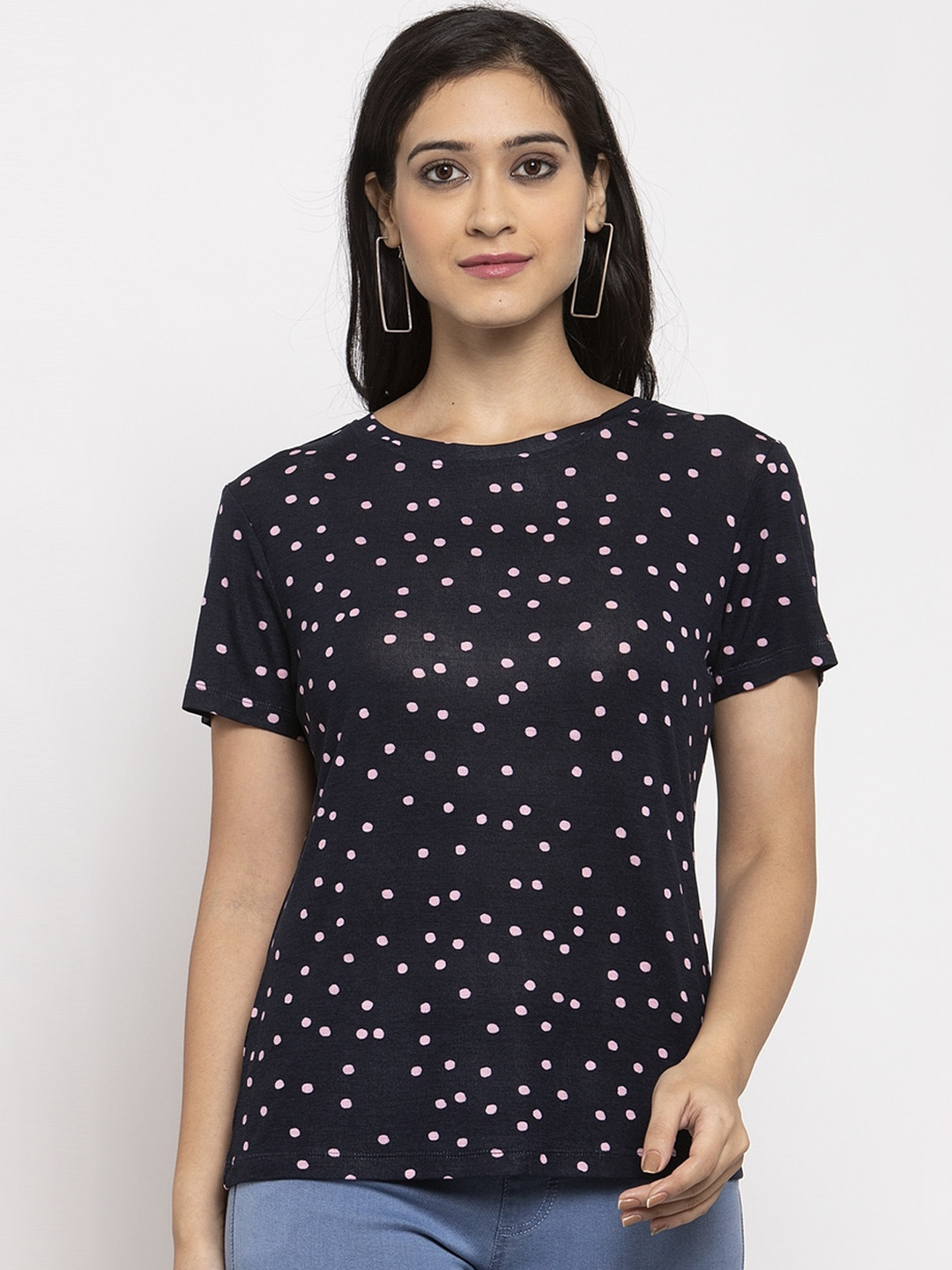 

DOOR74 Women Black Printed Round Neck T-shirt