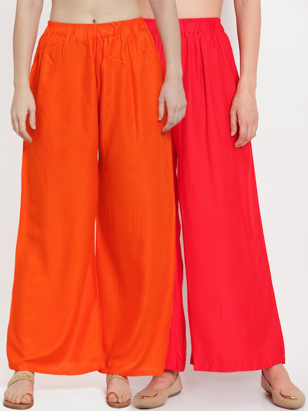 

TAG 7 Women Set Of 2 Orange & Red Solid Flared Palazzos