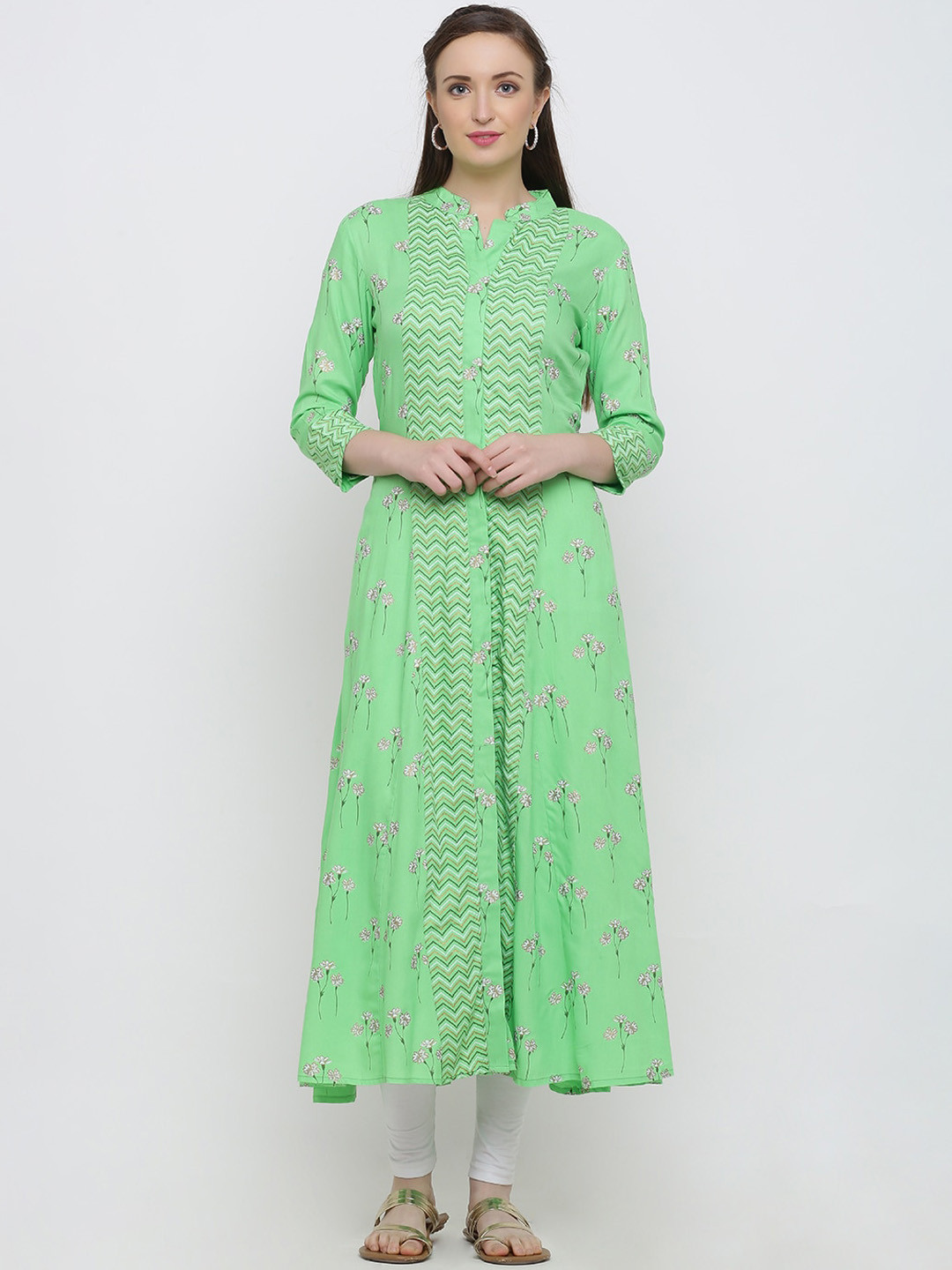 

Indian Virasat Women Green & Pink Woven Design Anarkali Kurta
