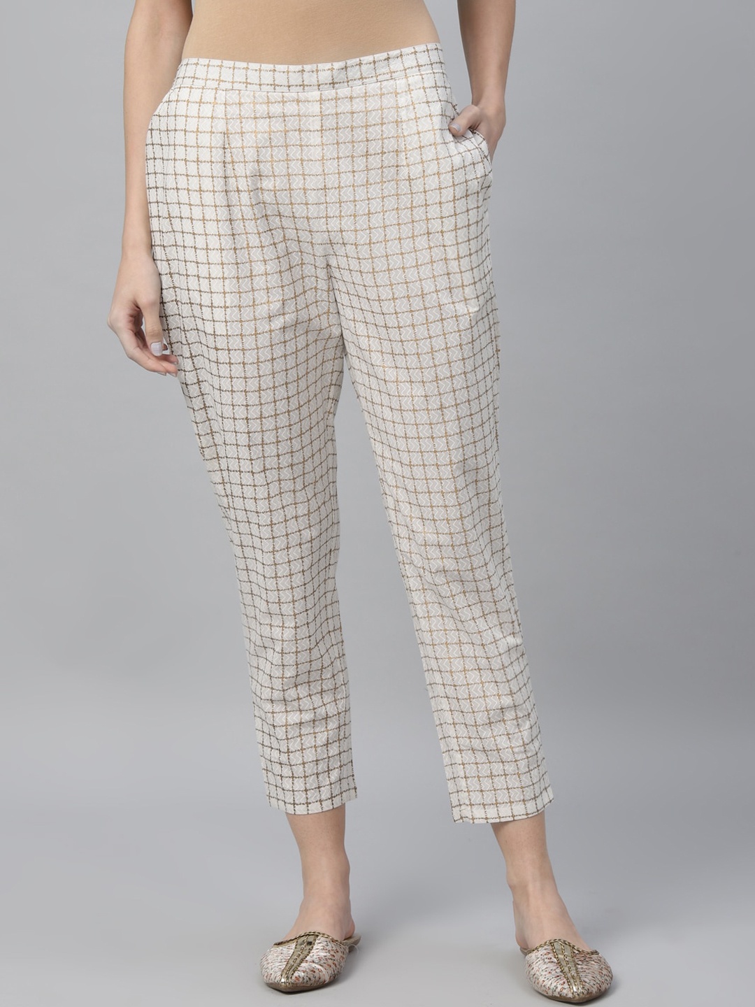 

Libas Women White Regular Fit Checked Regular Trousers