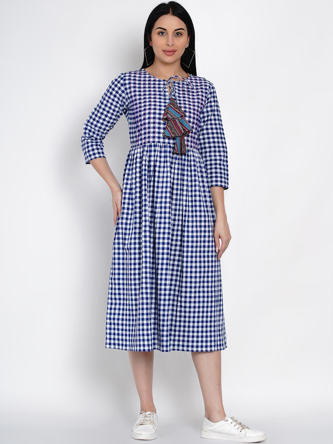 

FABNEST Women Blue & White Checked Fit and Flare Dress
