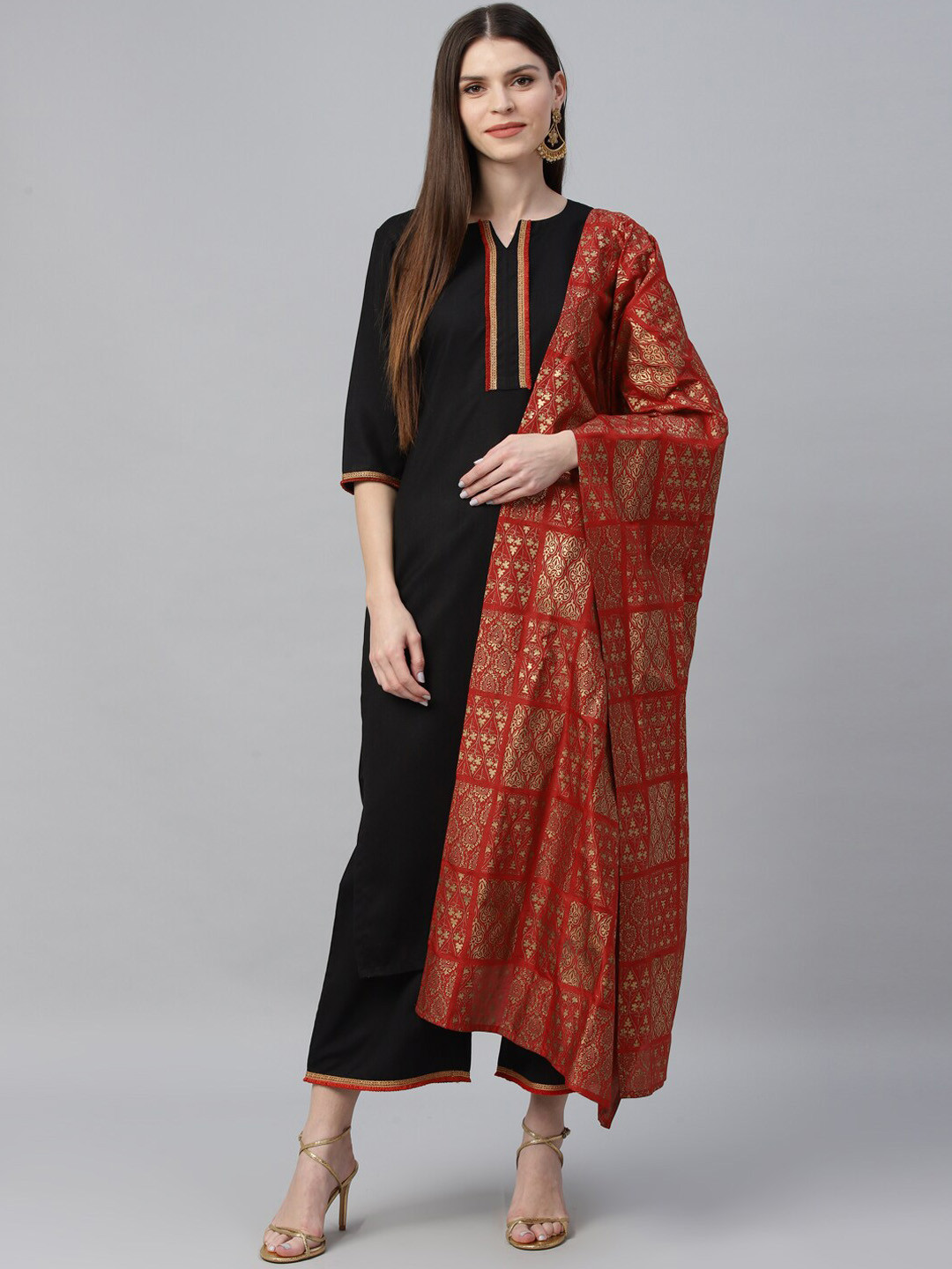 

Libas Women Black & Red Solid Kurta with Palazzos & Dupatta
