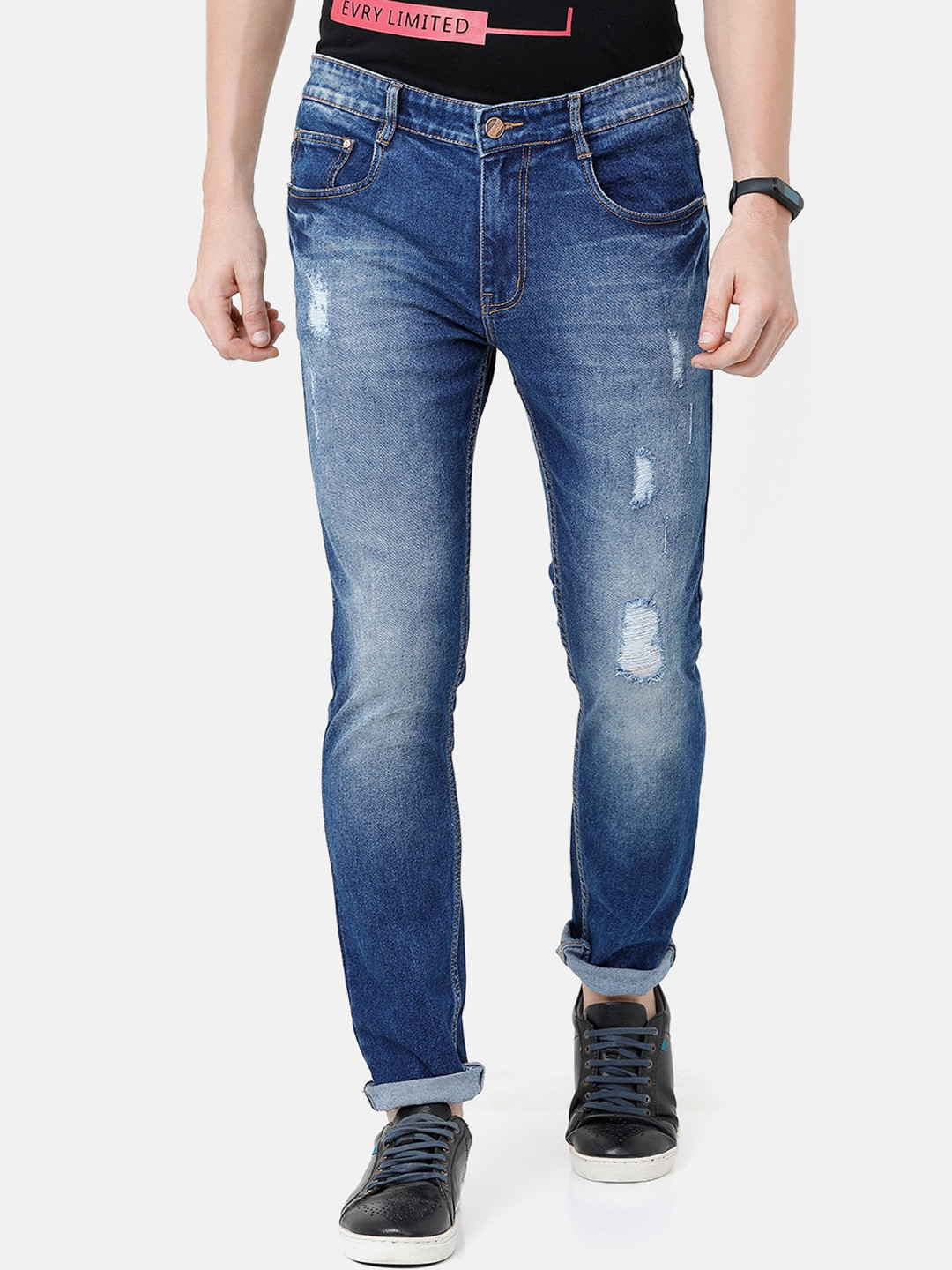 

CINOCCI Men Blue Slim Fit Mid-Rise Low Distress Jeans