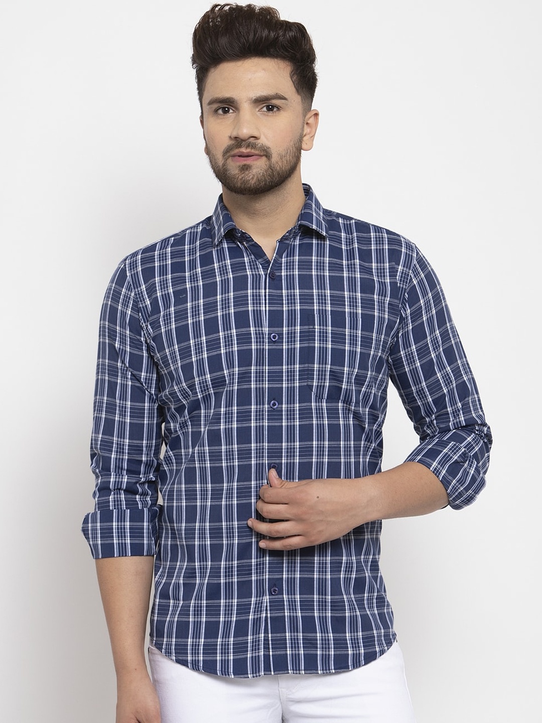 

JAINISH Men Blue & White Regular Fit Checked Casual Shirt