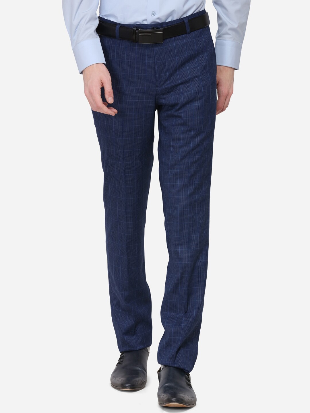 

METAL Men Navy Blue Urban Slim Slim Fit Checked Formal Trousers