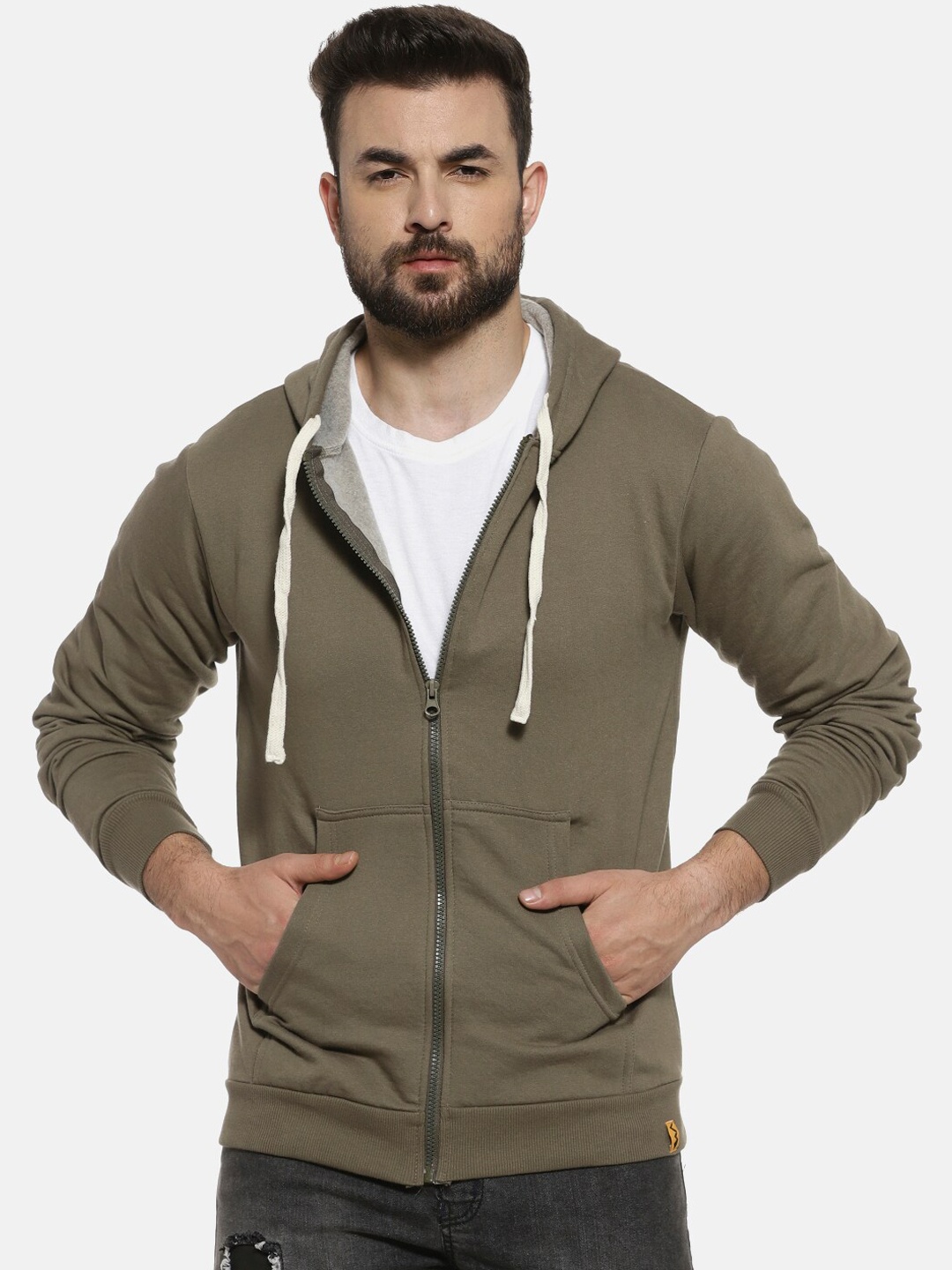 

Campus Sutra Men Olive Green Solid Hooded Sweatshirt
