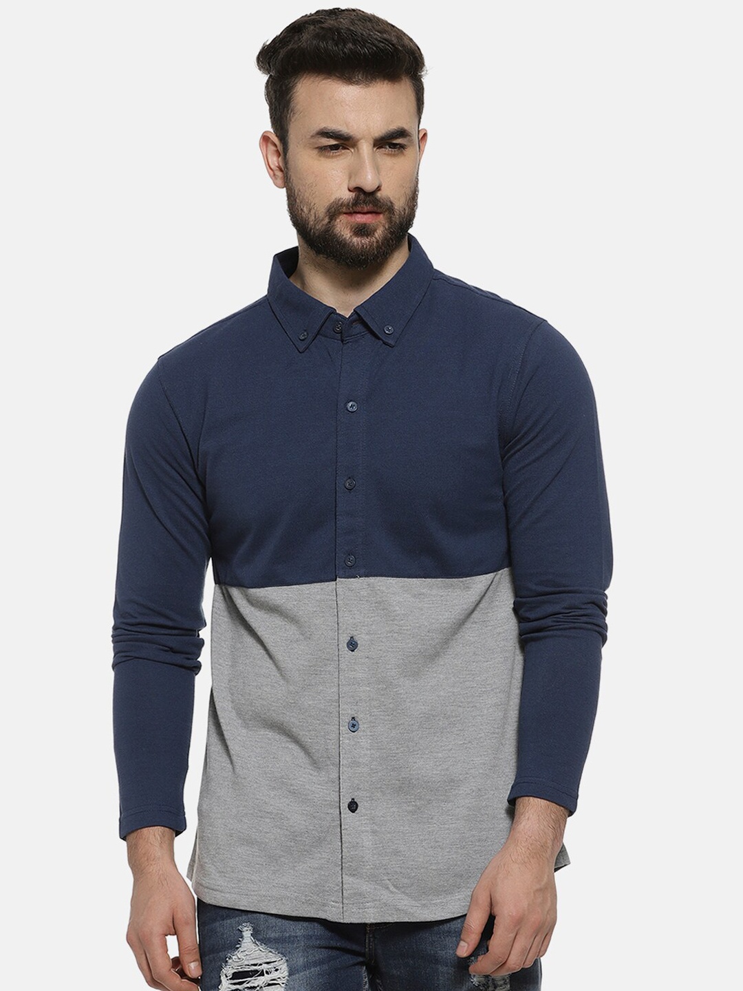 Campus Sutra Men Blue & Grey Regular Fit Colourblocked Casual Shirt