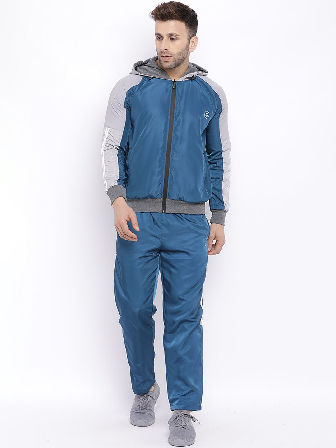 

Chkokko Men Blue & Grey Colourblocked Hooded Jogging Gym Reversible Tracksuit