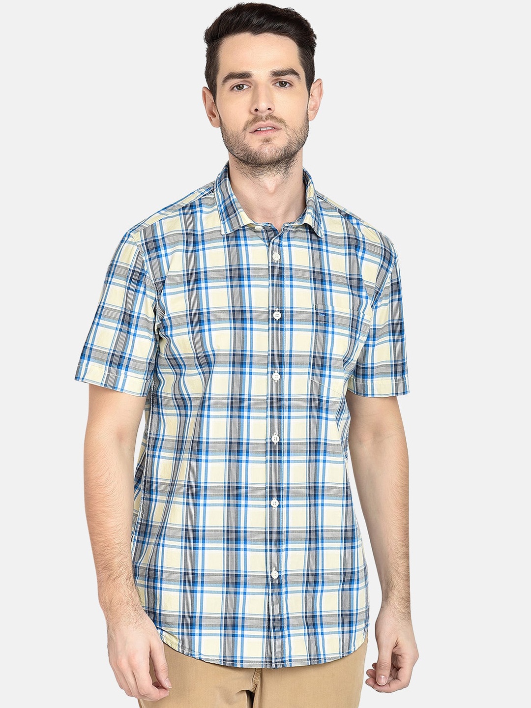

Basics Men Yellow & Blue Slim Fit Checked Casual Shirt