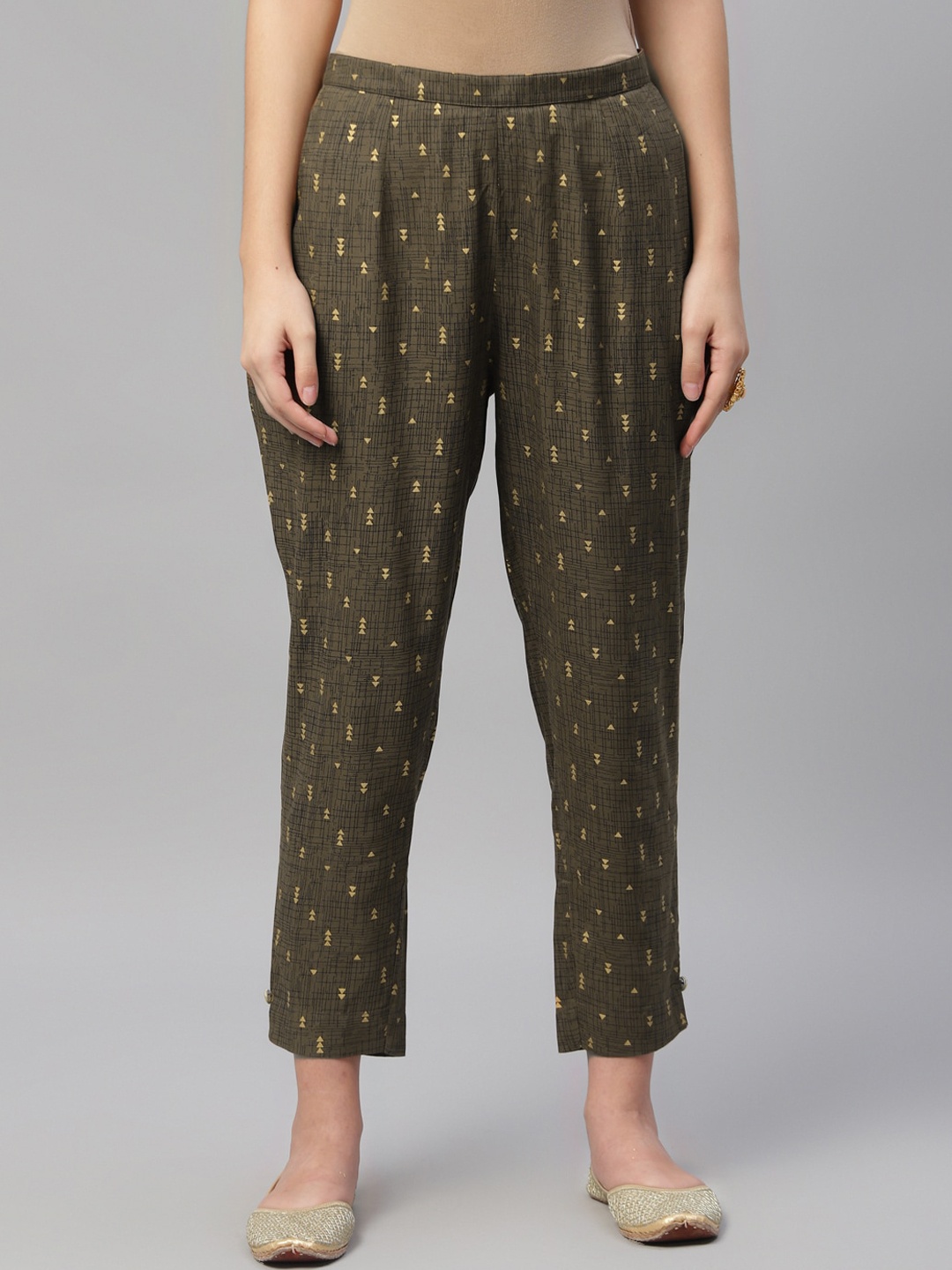 

Libas Women Olive Green & Yellow Tapered Fit Printed Regular Trousers