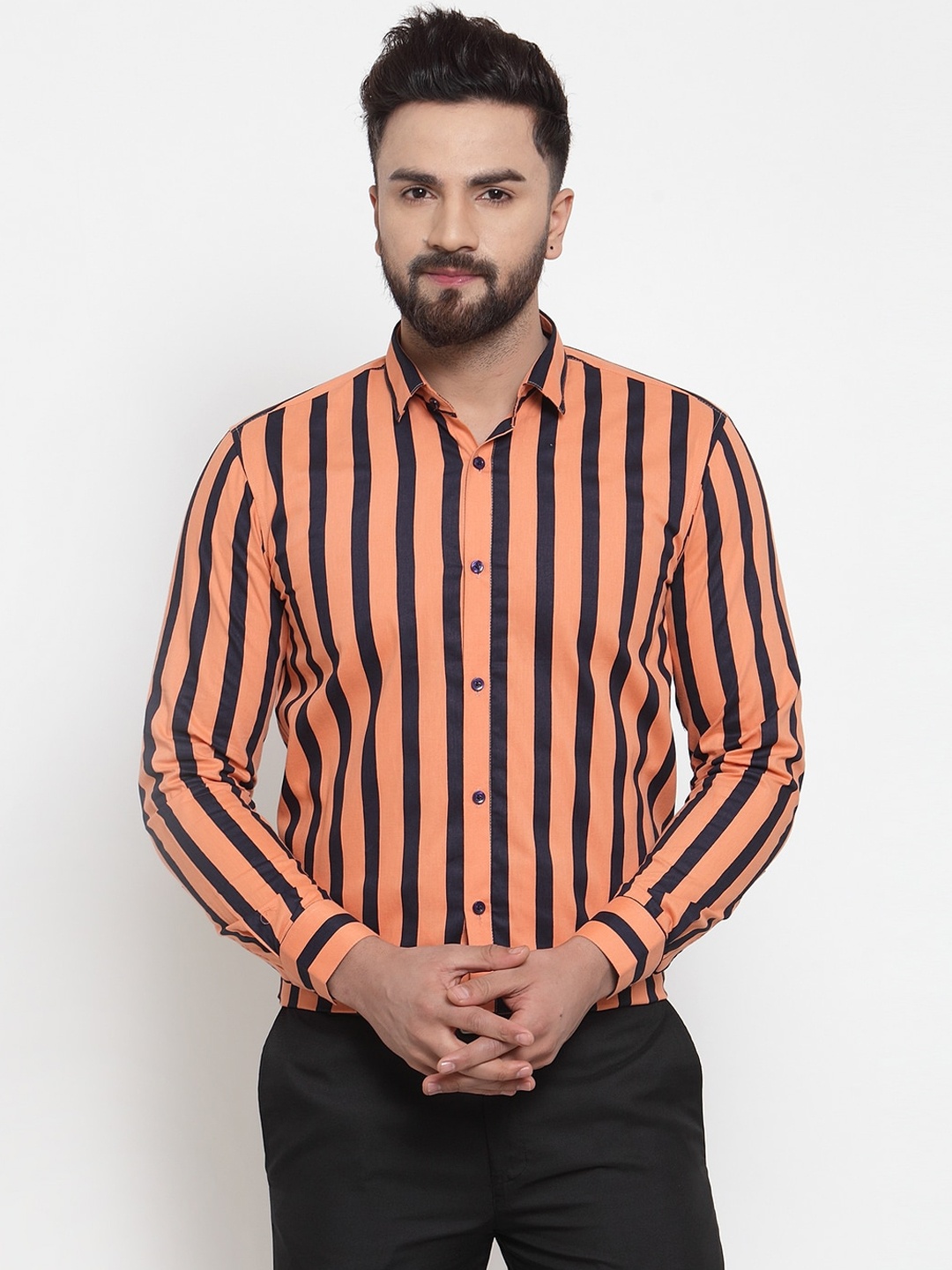 

JAINISH Men Orange & Black Regular Fit Striped Formal Shirt