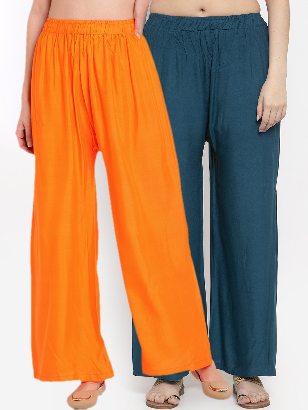 

TAG 7 Women Teal Blue & Orange Pack of 2 Solid Straight Palazzos