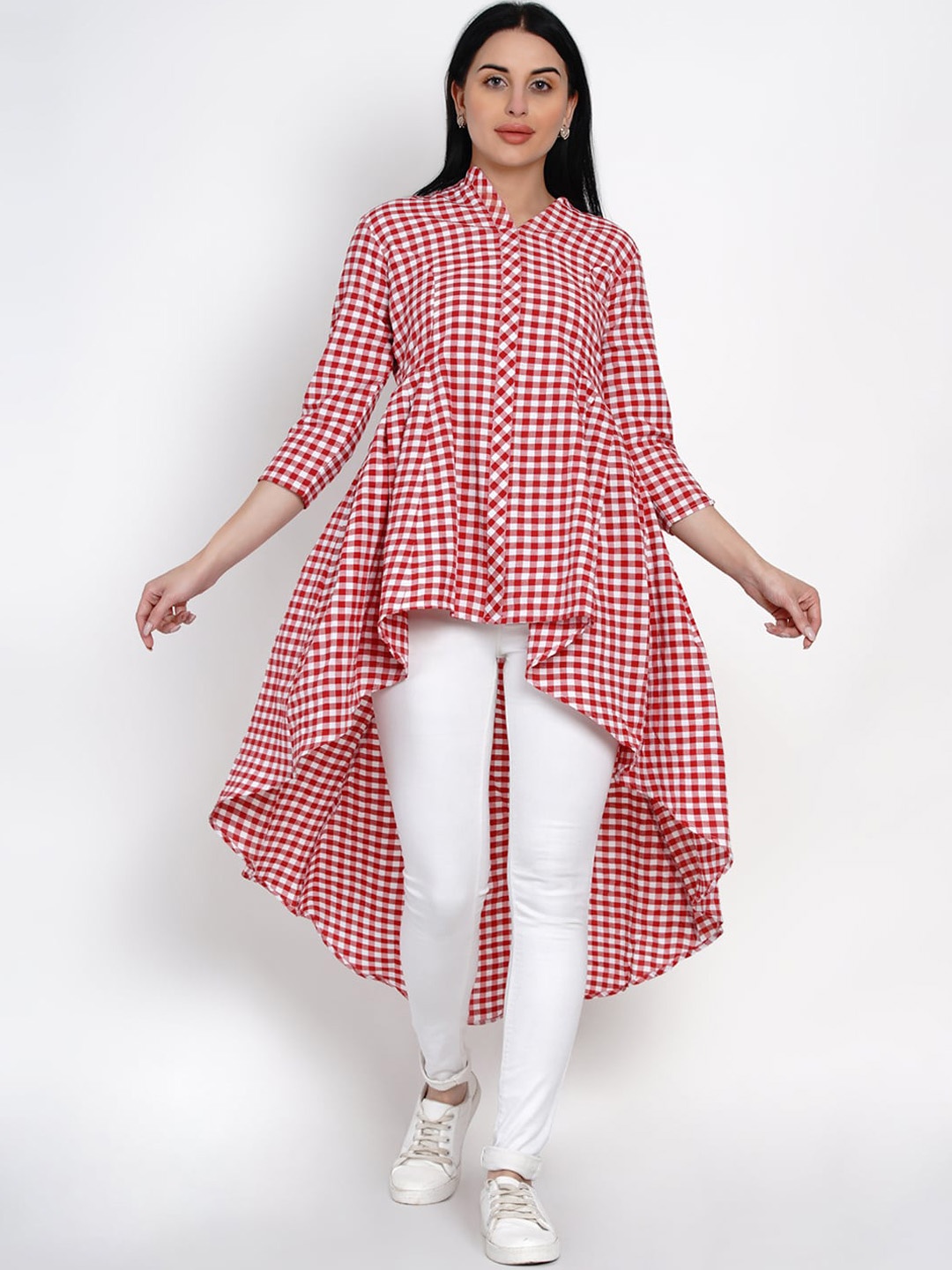 

FABNEST Women Red & White Checked Tunic