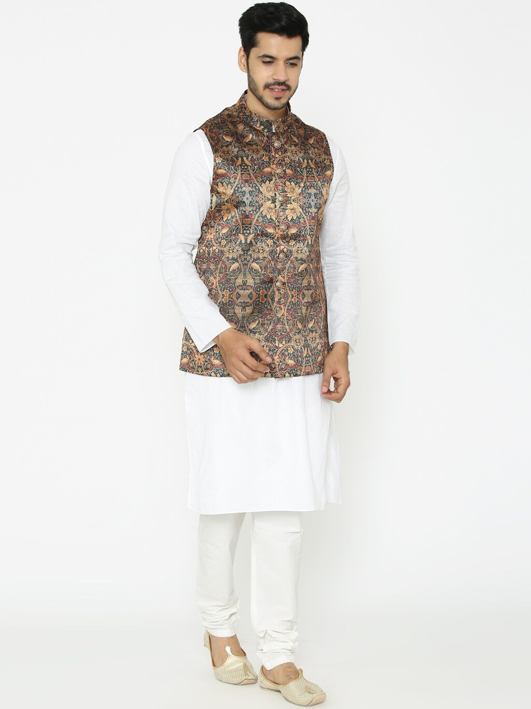 

Manyavar Men Brown & Blue Printed Nehru Jacket