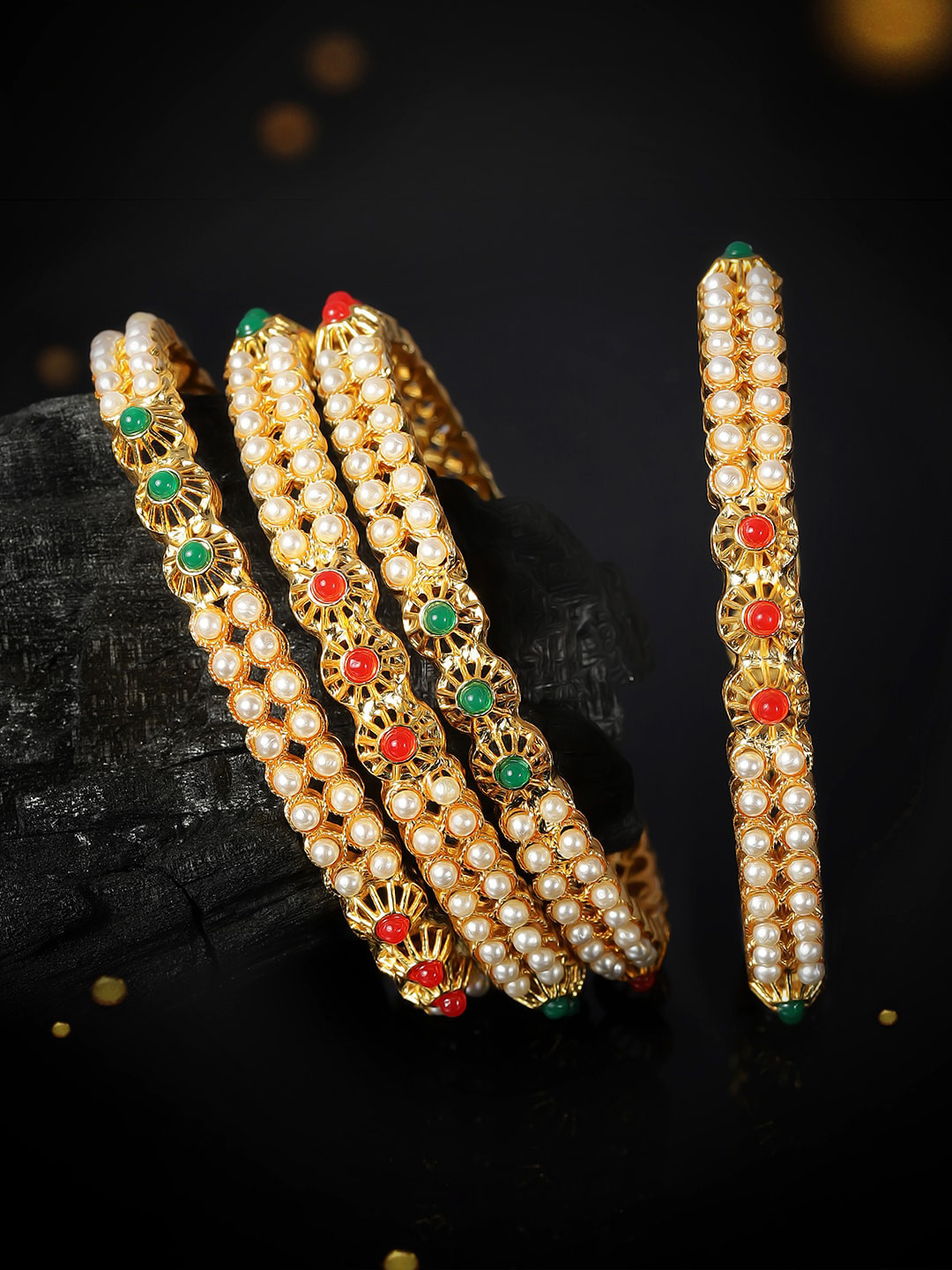 

Rubans Set Of Four 22K Gold-Plated White & Red Stone-Studded Pearl Embellished Handcrafted Bangles